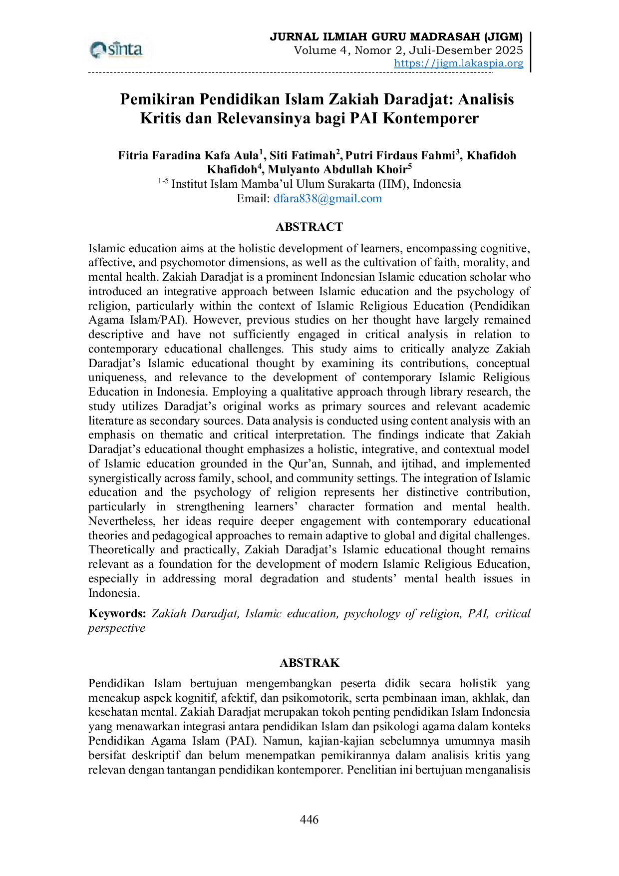 JURIS Pemikiran Pendidikan Islam Zakiah Daradjat Analisis Kritis dan Relevansinya bagi PAI Kontemporer