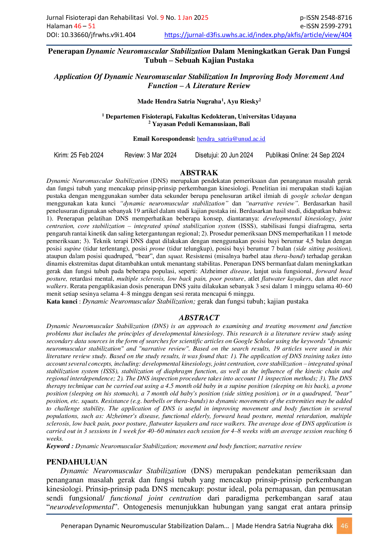 JURIS Penerapan Dynamic Neuromuscular Stabilization Dalam Meningkatkan Gerak Dan Fungsi Tubuh Sebuah Kajian Pustaka