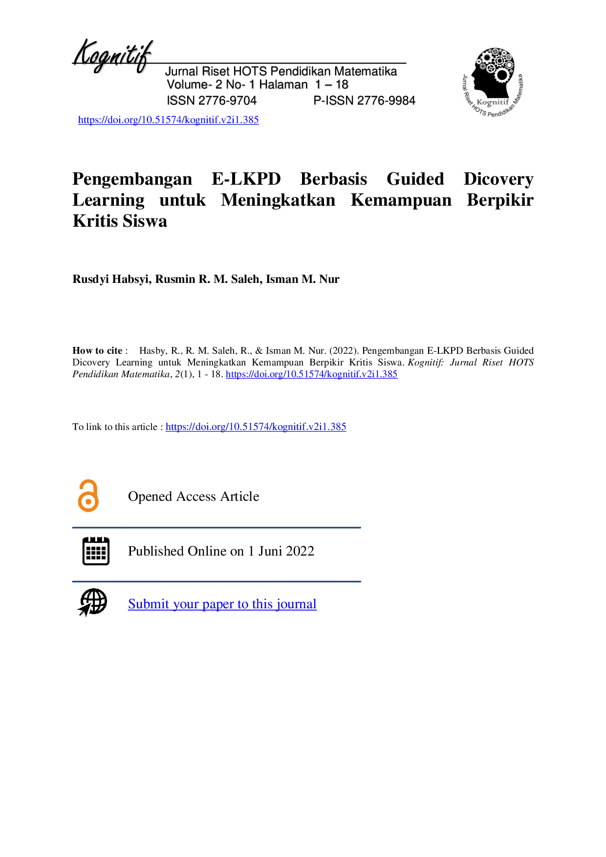 juris Pengembangan E LKPD Berbasis Guided Dicovery Learning untuk Meningkatkan Kemampuan Berpikir Kritis Siswa