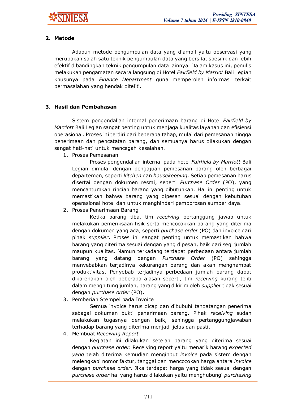 JURIS Analisis Sistem Pengendalian Internal Penerimaan Barang Pada Hotel Fairfield by Marriot Bali Legian