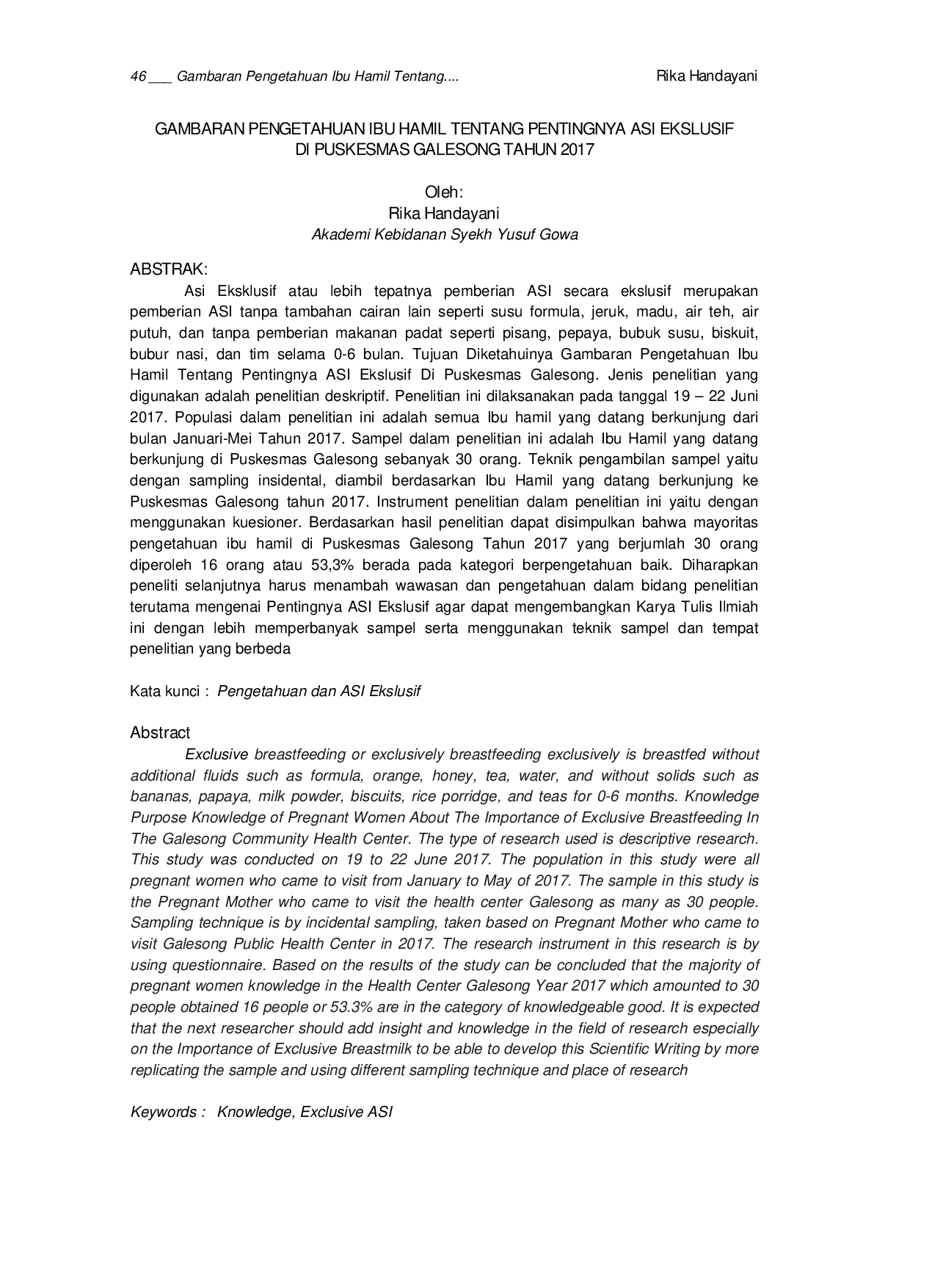 JURIS GAMBARAN PENGETAHUAN IBU HAMIL TENTANG PENTINGNYA ASI EKSLUSIF DI PUSKESMAS GALESONG TAHUN 2017