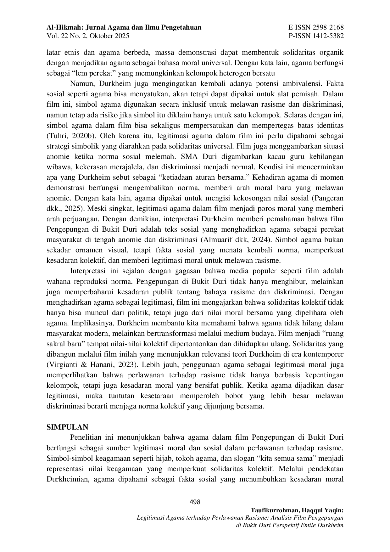 JURIS Legitimasi Agama Terhadap Perlawanan Rasisme Analisis Film Pengepungan di Bukit Duri Perspektif Emile Durkheim