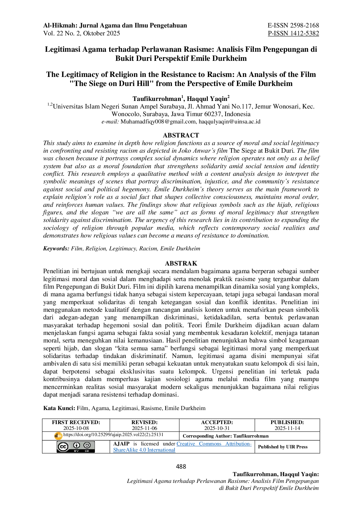 JURIS Legitimasi Agama Terhadap Perlawanan Rasisme Analisis Film Pengepungan di Bukit Duri Perspektif Emile Durkheim