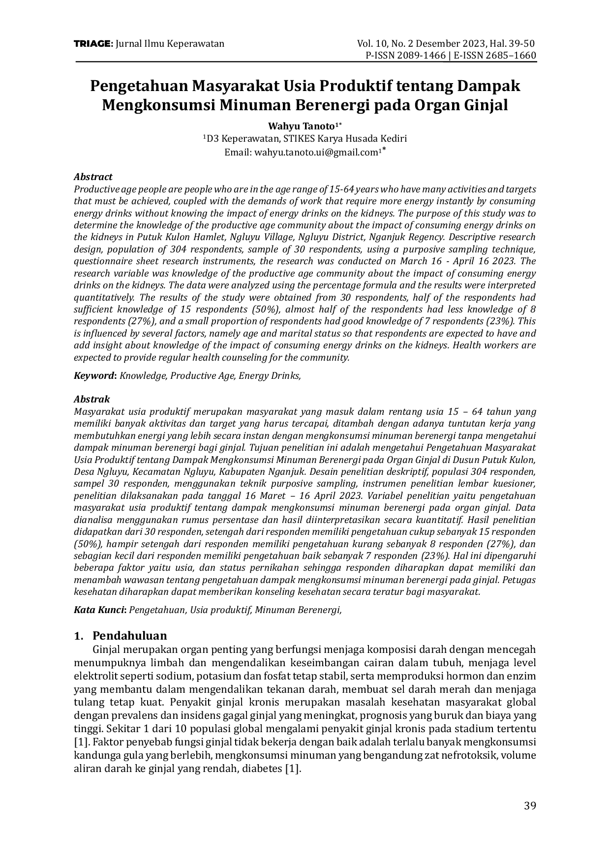 JURIS Pengetahuan Masyarakat Usia Produktif tentang Dampak Mengkonsumsi Minuman Berenergi pada Organ Ginjal