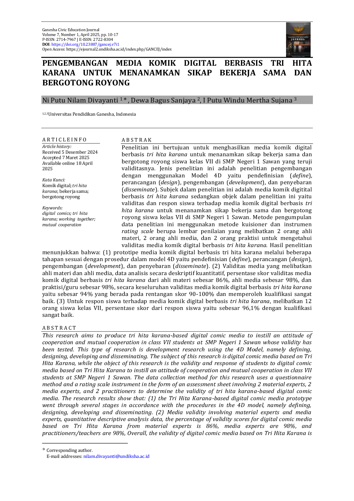 JURIS Pengembangan Media Komik Digital Berbasis Tri Hita Karana Untuk Menanamkan Sikap Bekerja Sama dan Bergotong Royong