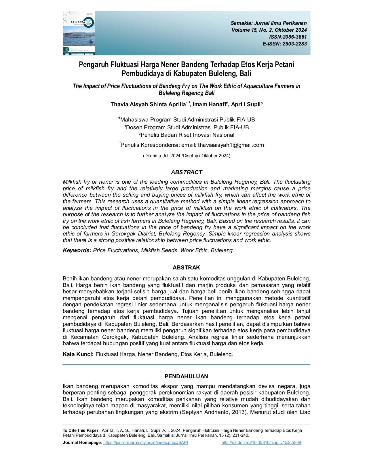 JURIS Pengaruh Fluktuasi Harga Nener Bandeng Terhadap Etos Kerja Petani Pembudidaya di Kabupaten Buleleng Bali