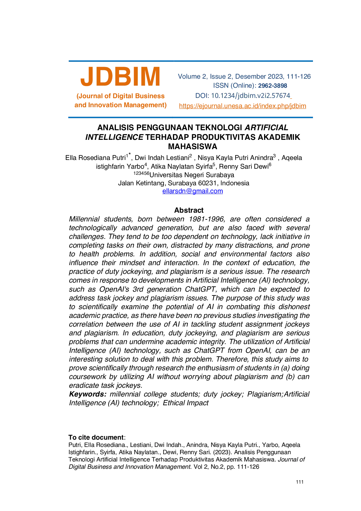 JURIS Analisis Penggunaan Teknologi Artificial Intelligence Terhadap Produktivitas Akademik Mahasiswa