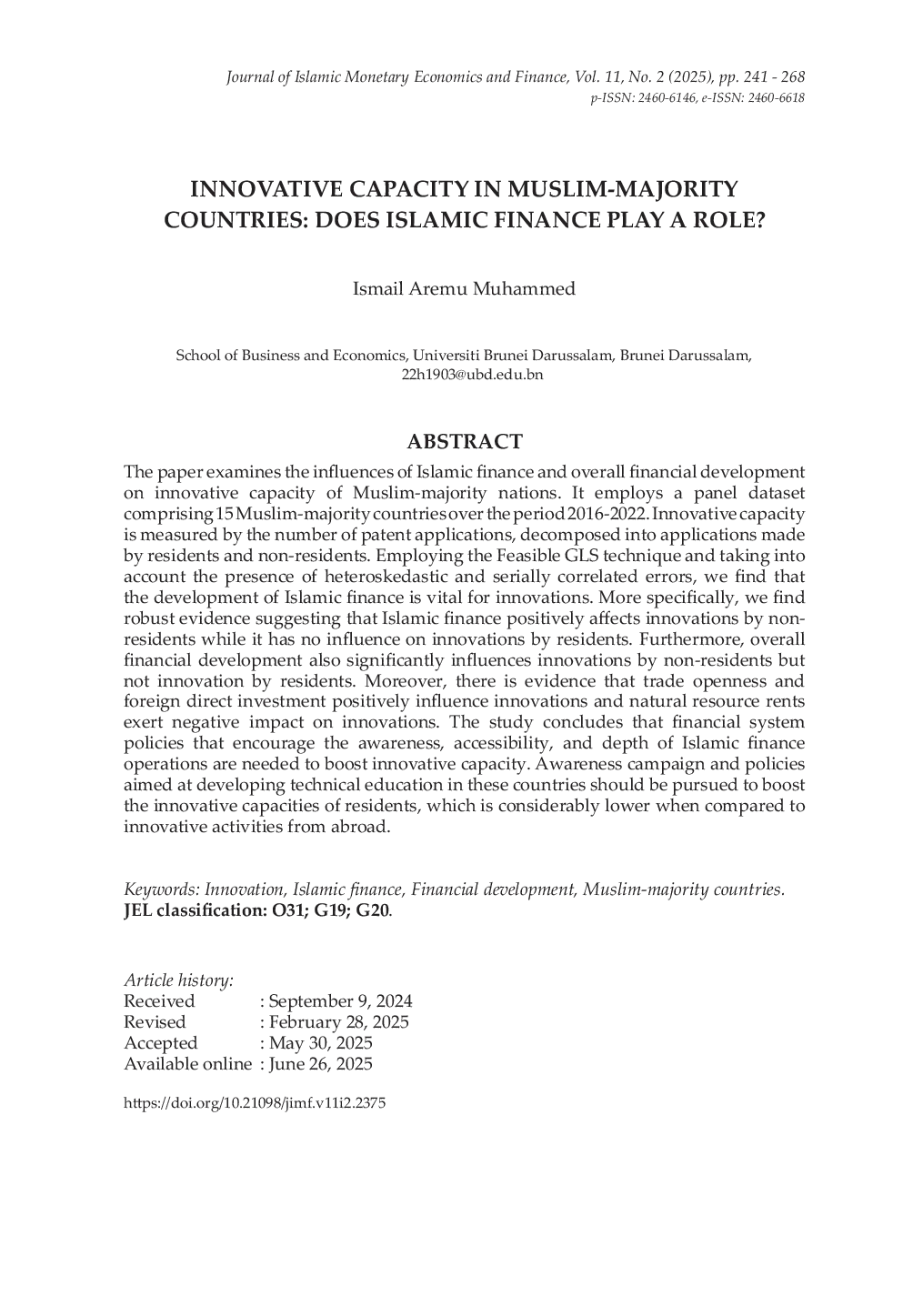 JURIS Innovative Capacity in Muslim Majority Countries Does Islamic Finance Play a Role