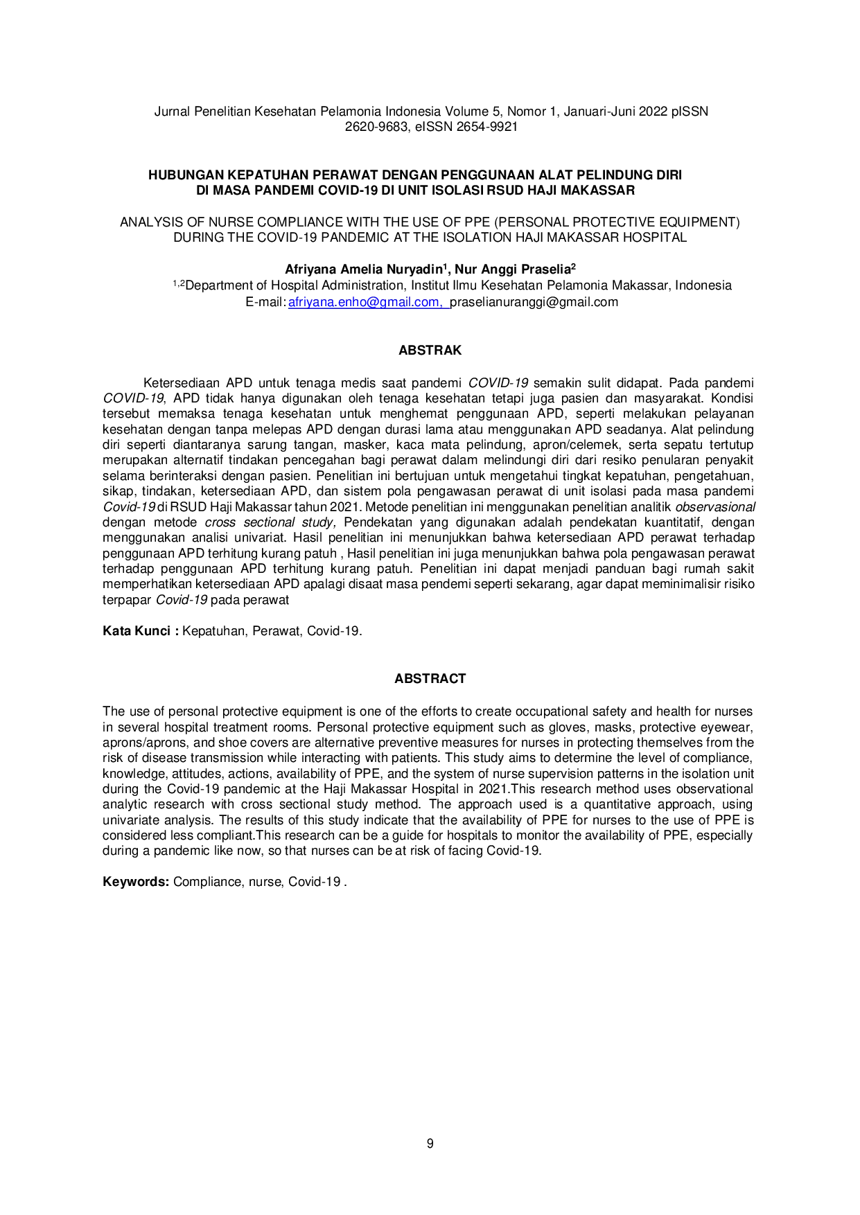 JURIS Hubungan Kepatuhan Perawat Dengan Penggunaan Alat Pelindung Diri Di Masa Pandemi Covid 19 Di Unit Isolasi Rsud Haji Makassar
