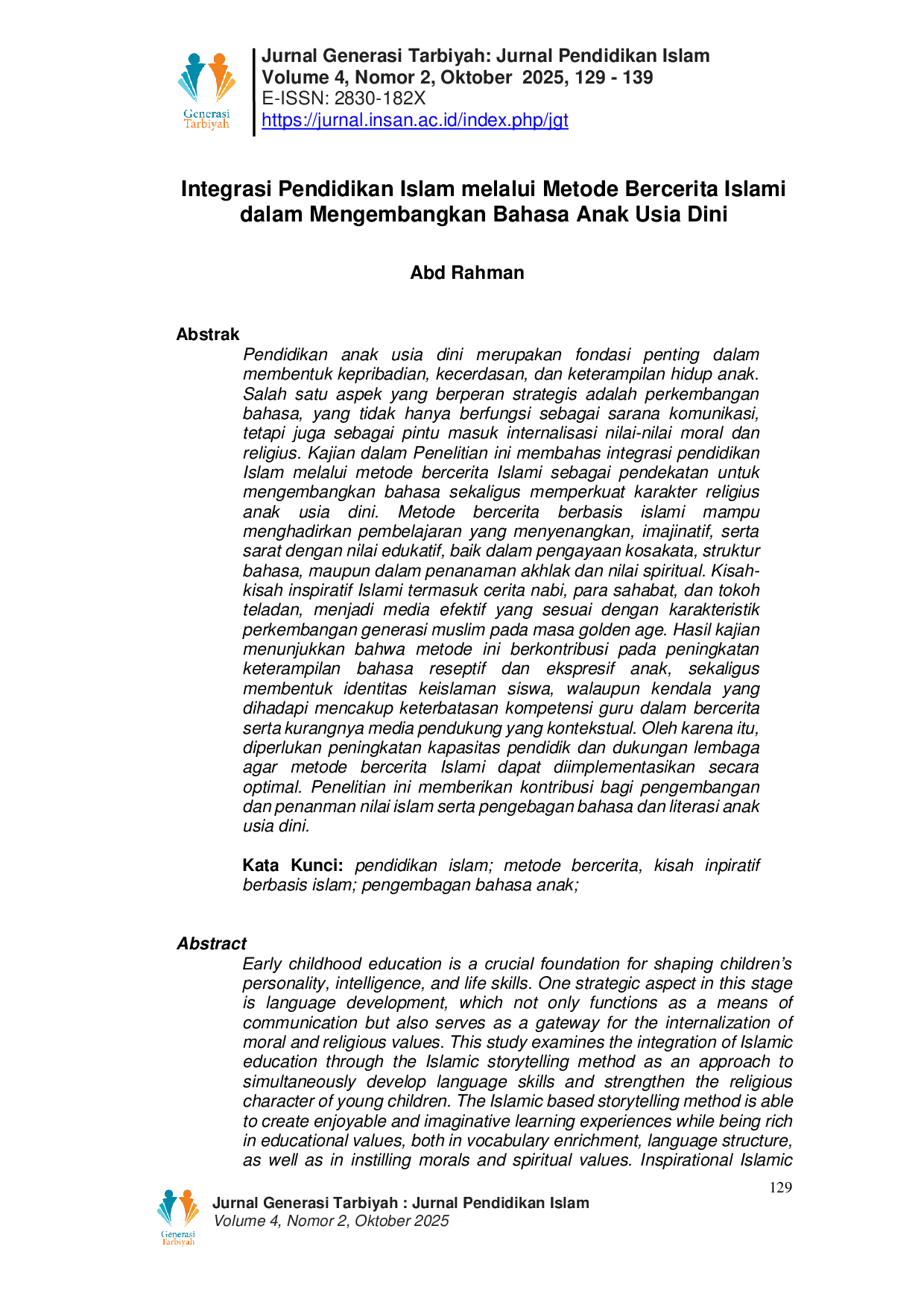 JURIS Integrasi Pendidikan Islam melalui Metode Bercerita Islami dalam Mengembangkan Bahasa Anak Usia Dini