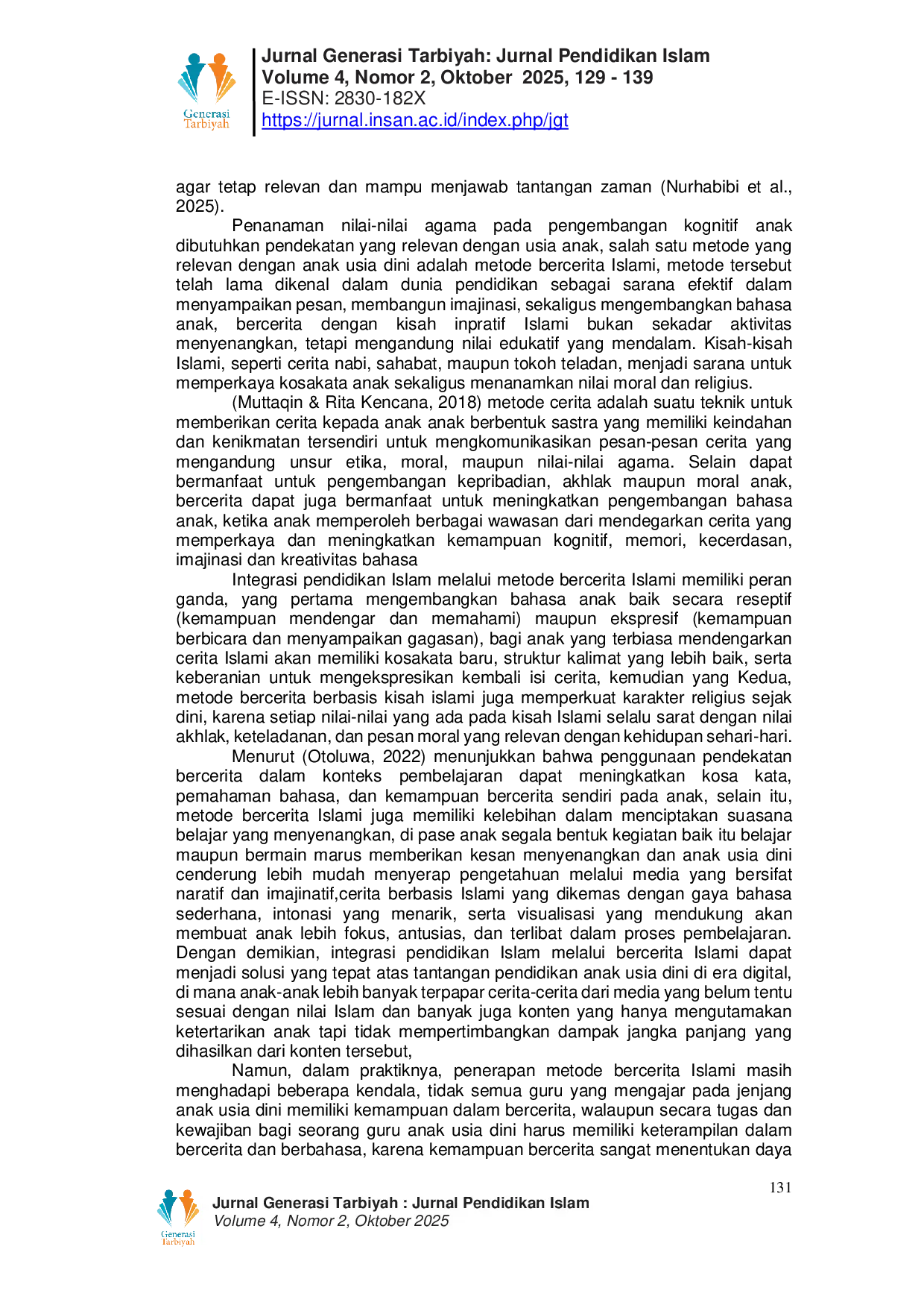 JURIS Integrasi Pendidikan Islam melalui Metode Bercerita Islami dalam Mengembangkan Bahasa Anak Usia Dini