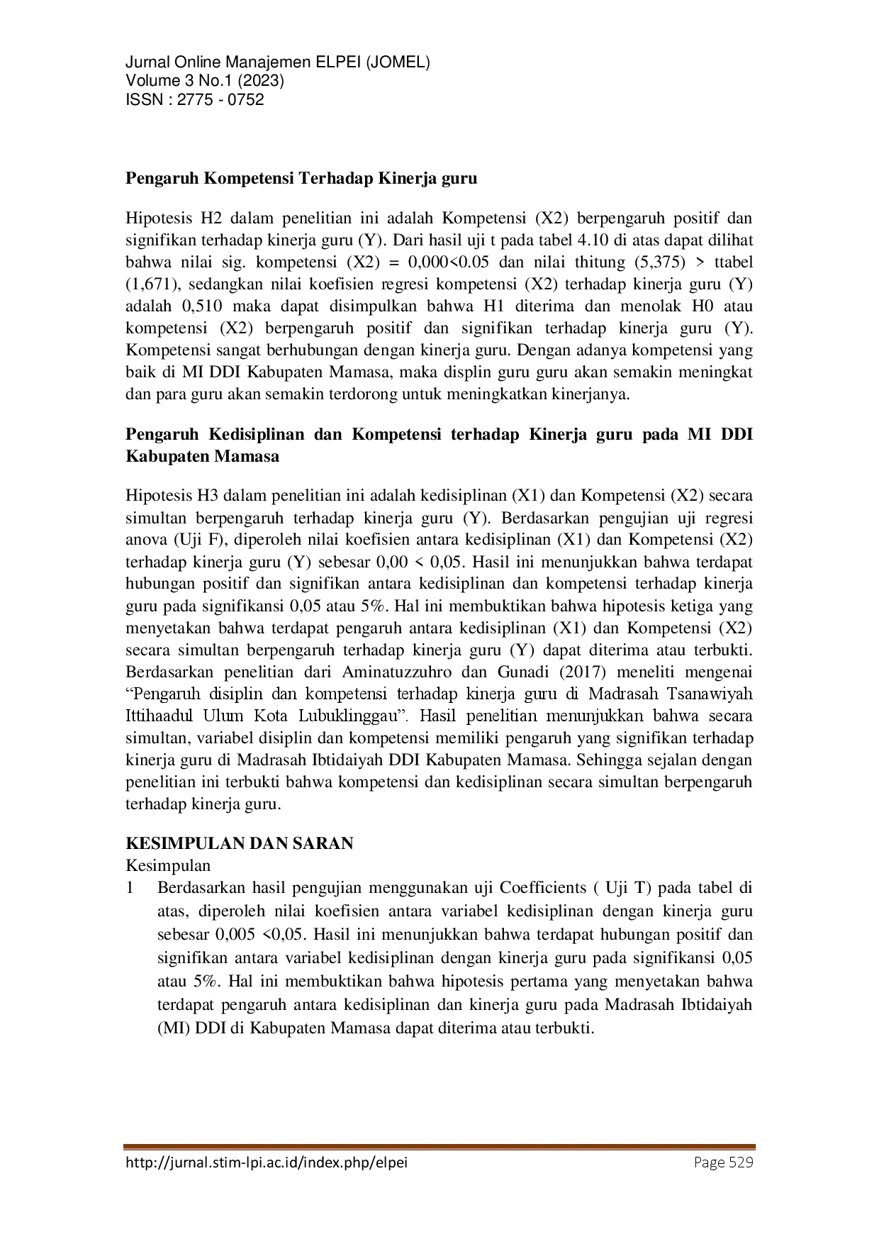 juris Pengaruh Kedisiplinan dan Kompetensi Terhadap Peningkatan Kinerja Guru Pada Madrasah Ibtidaiyah MI DDI Kabupaten Mamasa