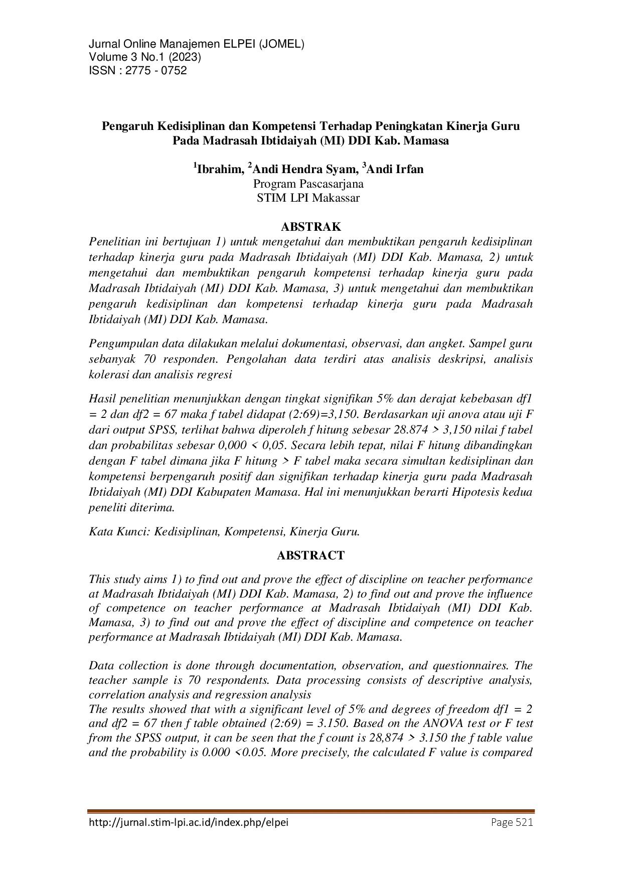 juris Pengaruh Kedisiplinan dan Kompetensi Terhadap Peningkatan Kinerja Guru Pada Madrasah Ibtidaiyah MI DDI Kabupaten Mamasa