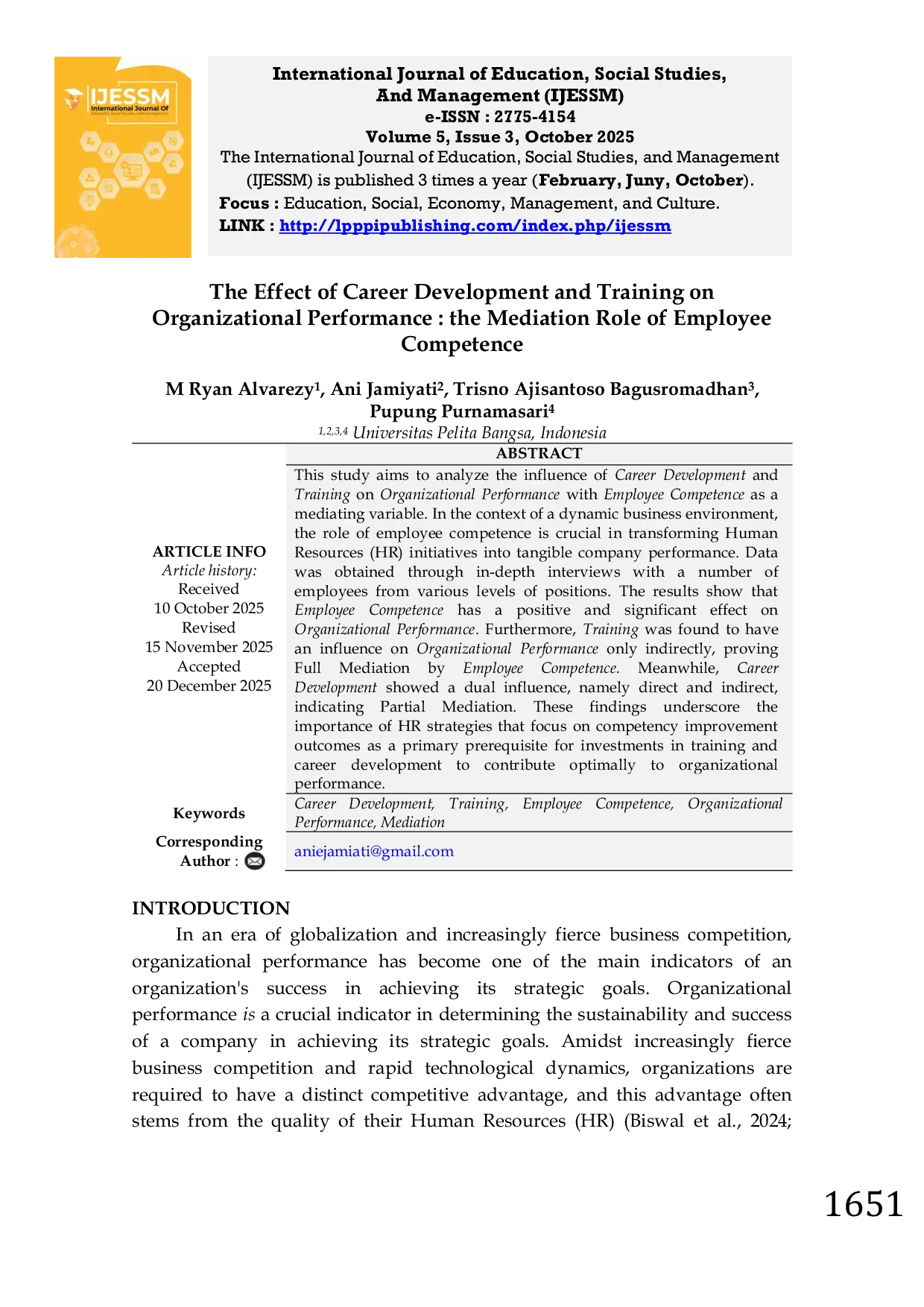 JURIS The Effect of Career Development and Training on Organizational Performance the Mediation Role of Employee Competence