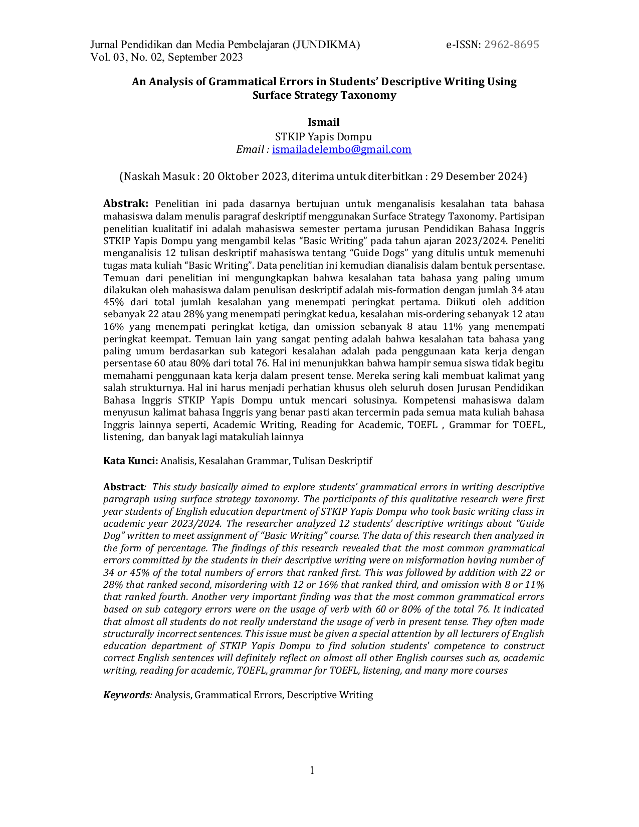 JURIS An Analysis of Grammatical Errors in Students Descriptive Writing Using Surface Strategy Taxonomy