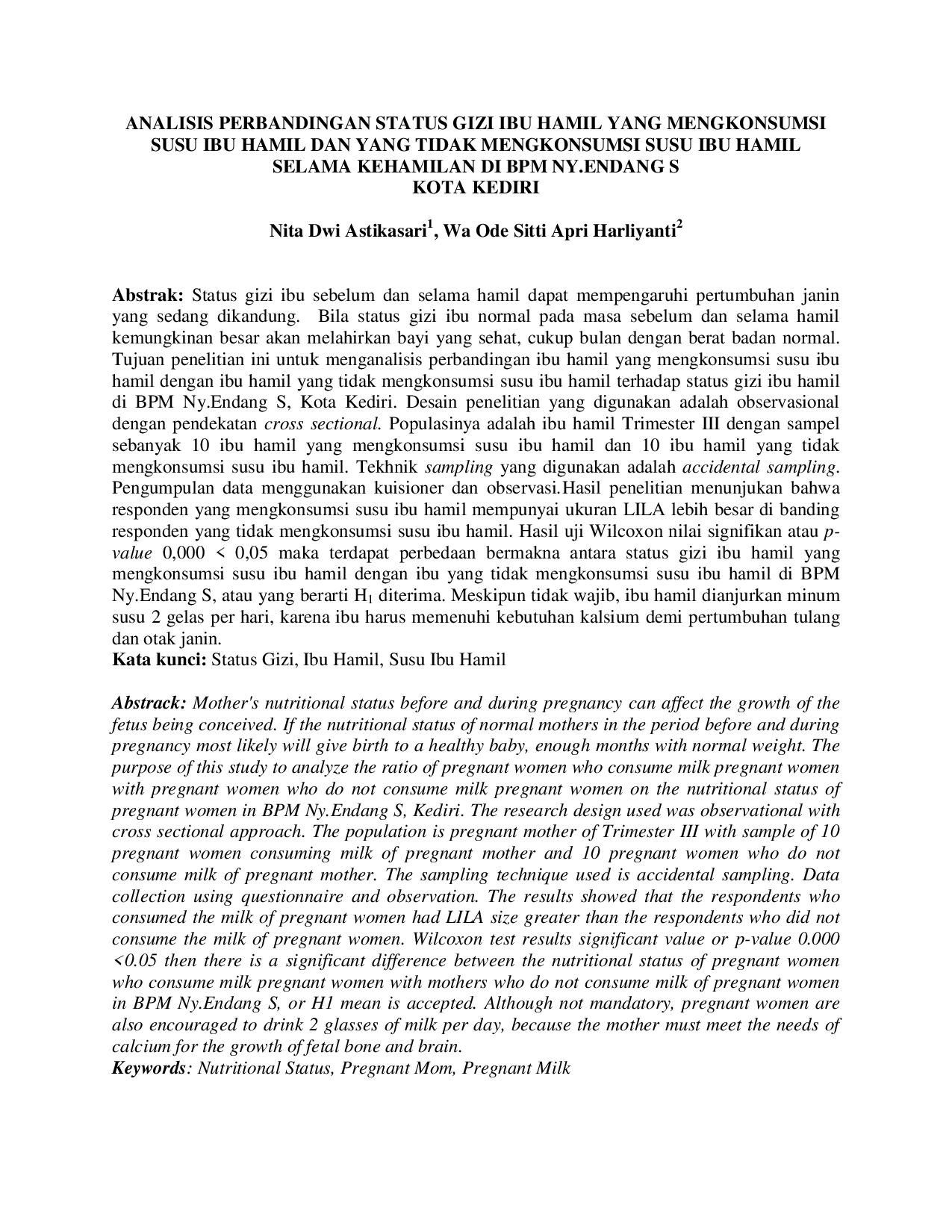 JURIS Analisis Perbandingan Status Gizi Ibu Hamil Yang Mengkonsumsi Susu Ibu Hamil Dan Yang Tidak Mengkonsumsi Susu Ibu Hamil Selama Kehamilan Di Bpm Ny Endang S Kota Kediri