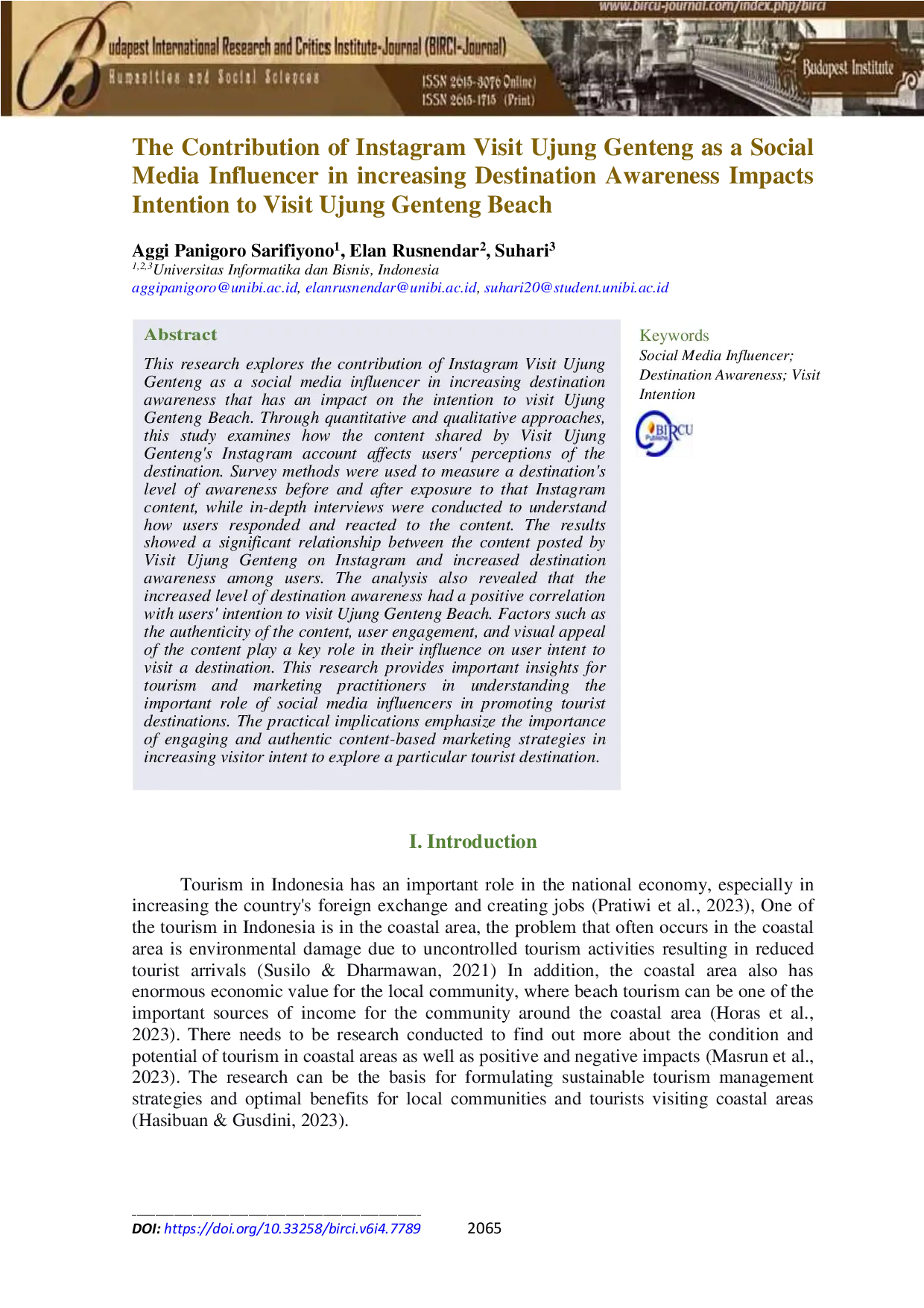 juris The Contribution of Instagram Visit Ujung Genteng as a Social Media Influencer in increasing Destination Awareness Impacts Intention to Visit Ujung Genteng Beach
