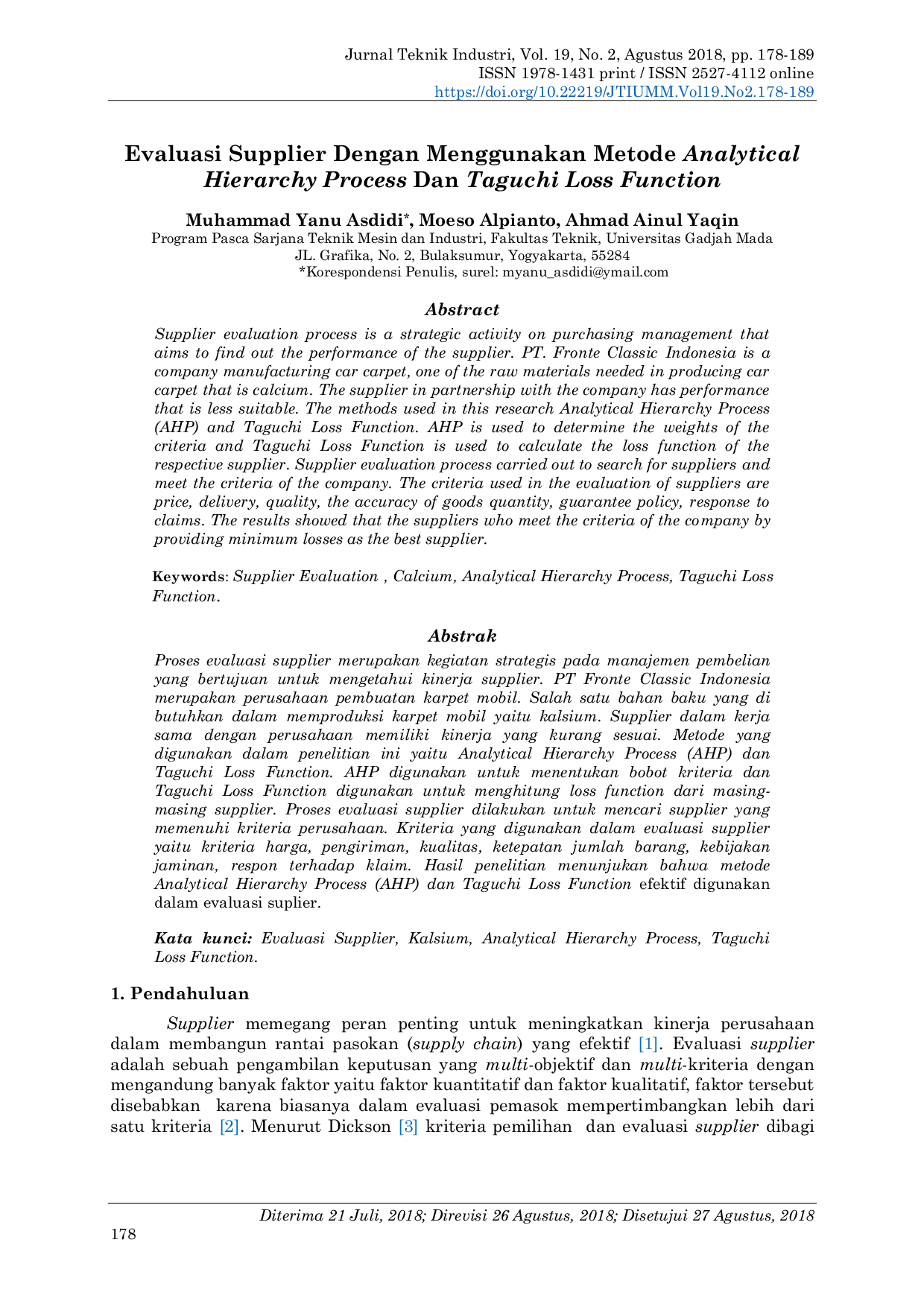 JURIS Evaluasi Supplier Dengan Menggunakan Metode Analytical Hierarchy Process Dan Taguchi Loss Function