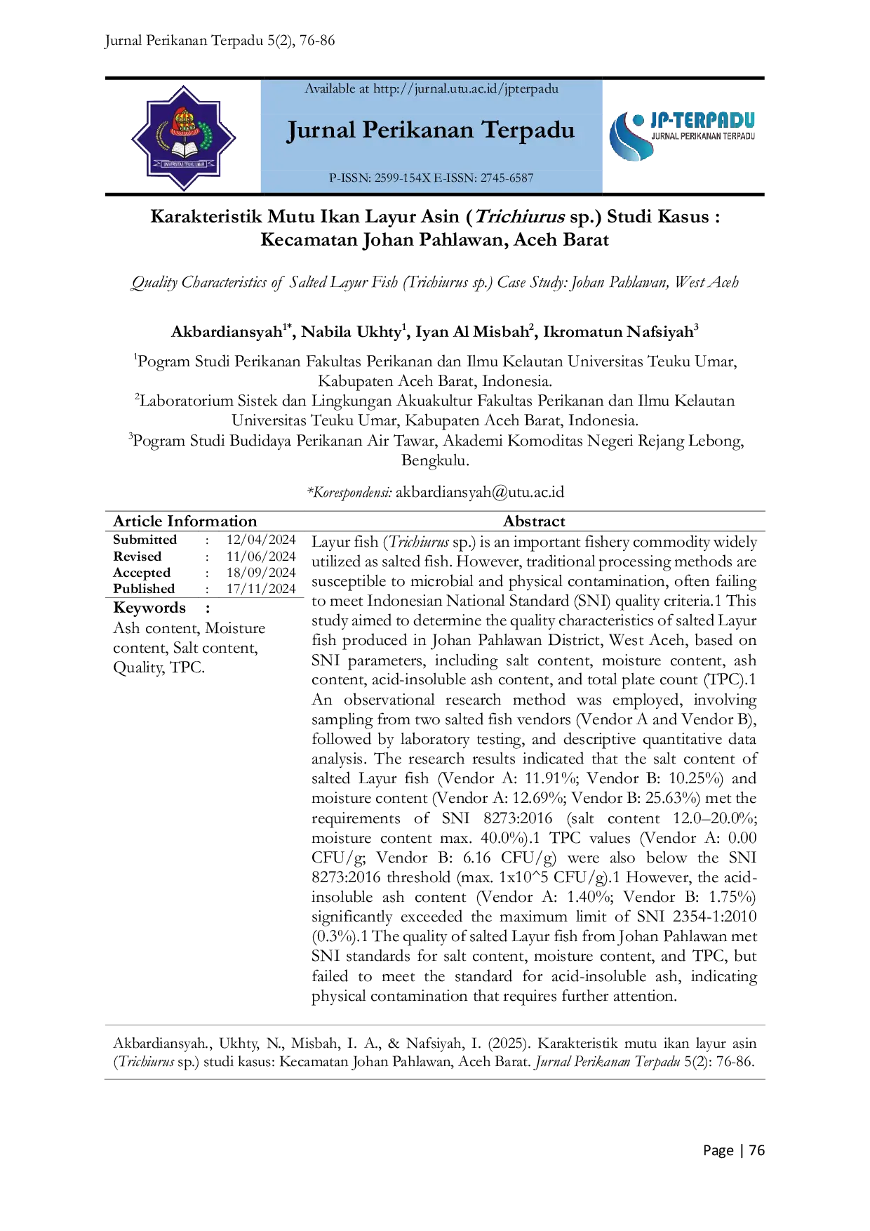 JURIS Quality Characteristics of Salted Layur Fish Trichiurus sp Case Study Johan Pahlawan West Aceh