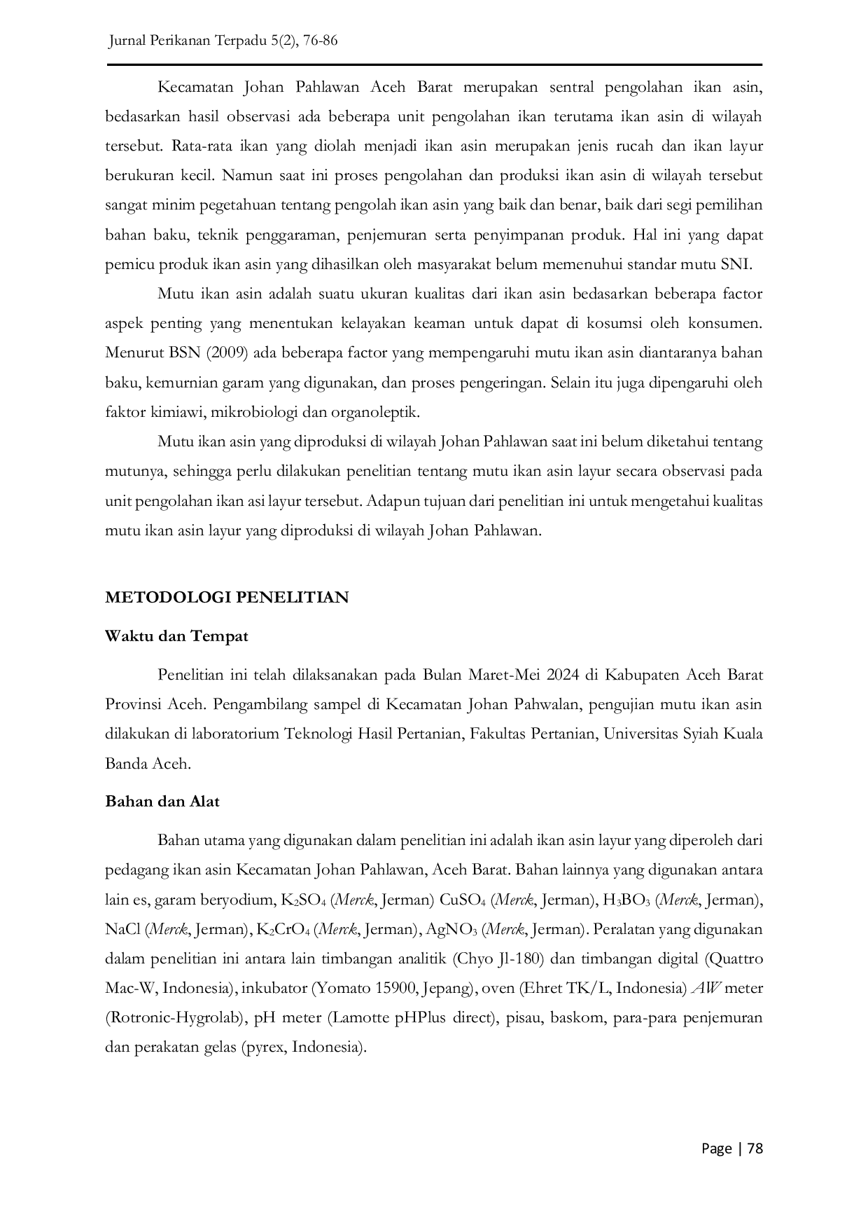 JURIS Quality Characteristics of Salted Layur Fish Trichiurus sp Case Study Johan Pahlawan West Aceh