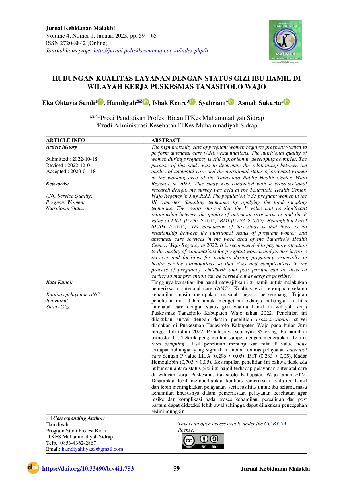 JURIS Hubungan Kualitas Layanan dengan Status Gizi Ibu Hamil di Wilayah Kerja Puskesmas Tanasitolo Wajo