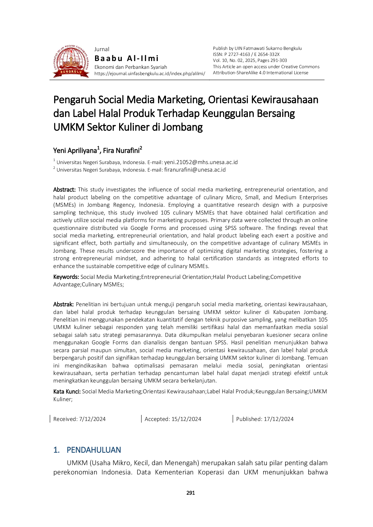 JURIS Pengaruh Social Media Marketing Orientasi Kewirausahaan Dan Label Halal Produk Terhadap Keunggulan Bersaing Umkm Sektor Kuliner Di Jombang