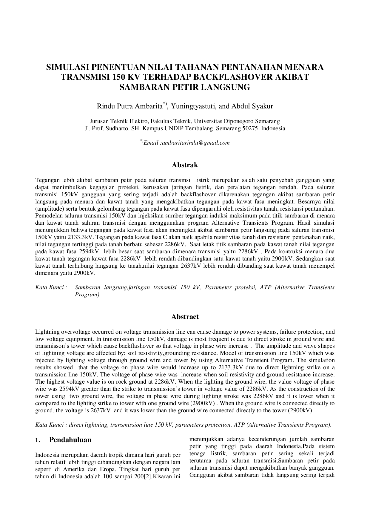 JURIS Simulasi Penentuan Nilai Tahanan Pentanahan Menara Transmisi 150 Kv Terhadap Backflashover Akibat Sambaran Petir Langsung