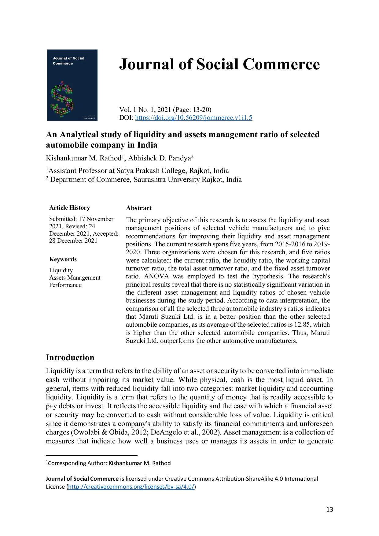 JURIS An Analytical Study of Liquidity and Assets Management Ratio of Selected Automobile Company in India