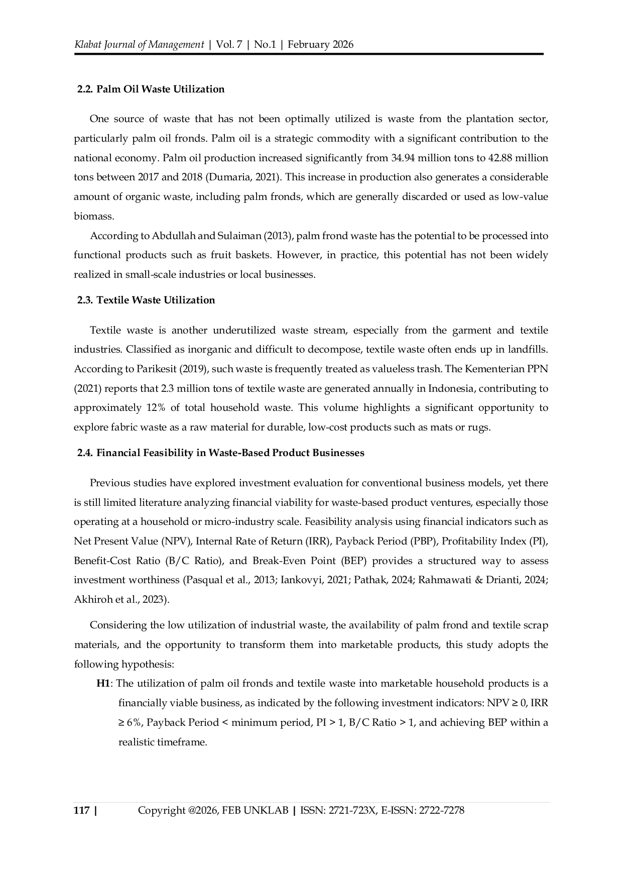 JURIS Feasibility Analysis of Industrial Waste Reduction Investment Potential of Fruit Basket and Mat Products