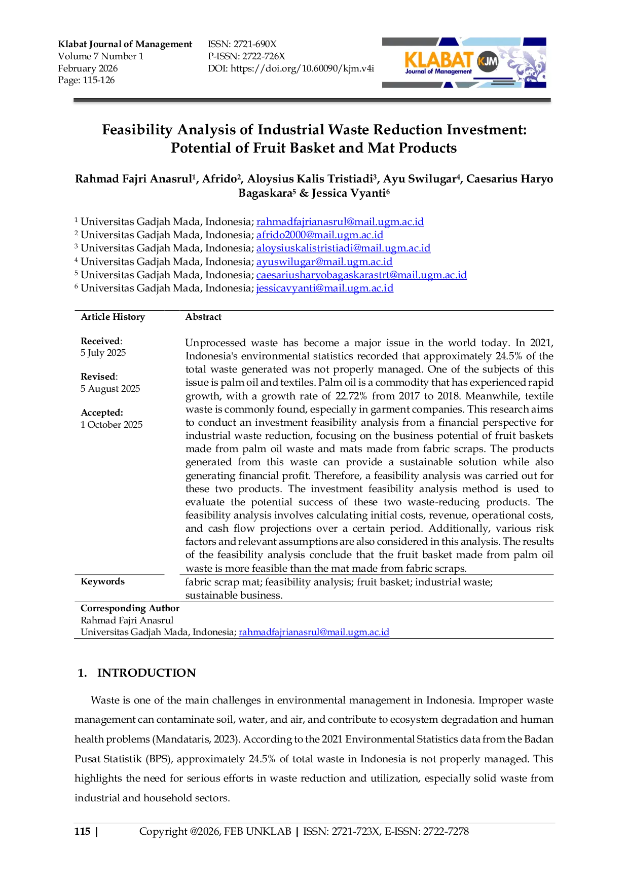 JURIS Feasibility Analysis of Industrial Waste Reduction Investment Potential of Fruit Basket and Mat Products