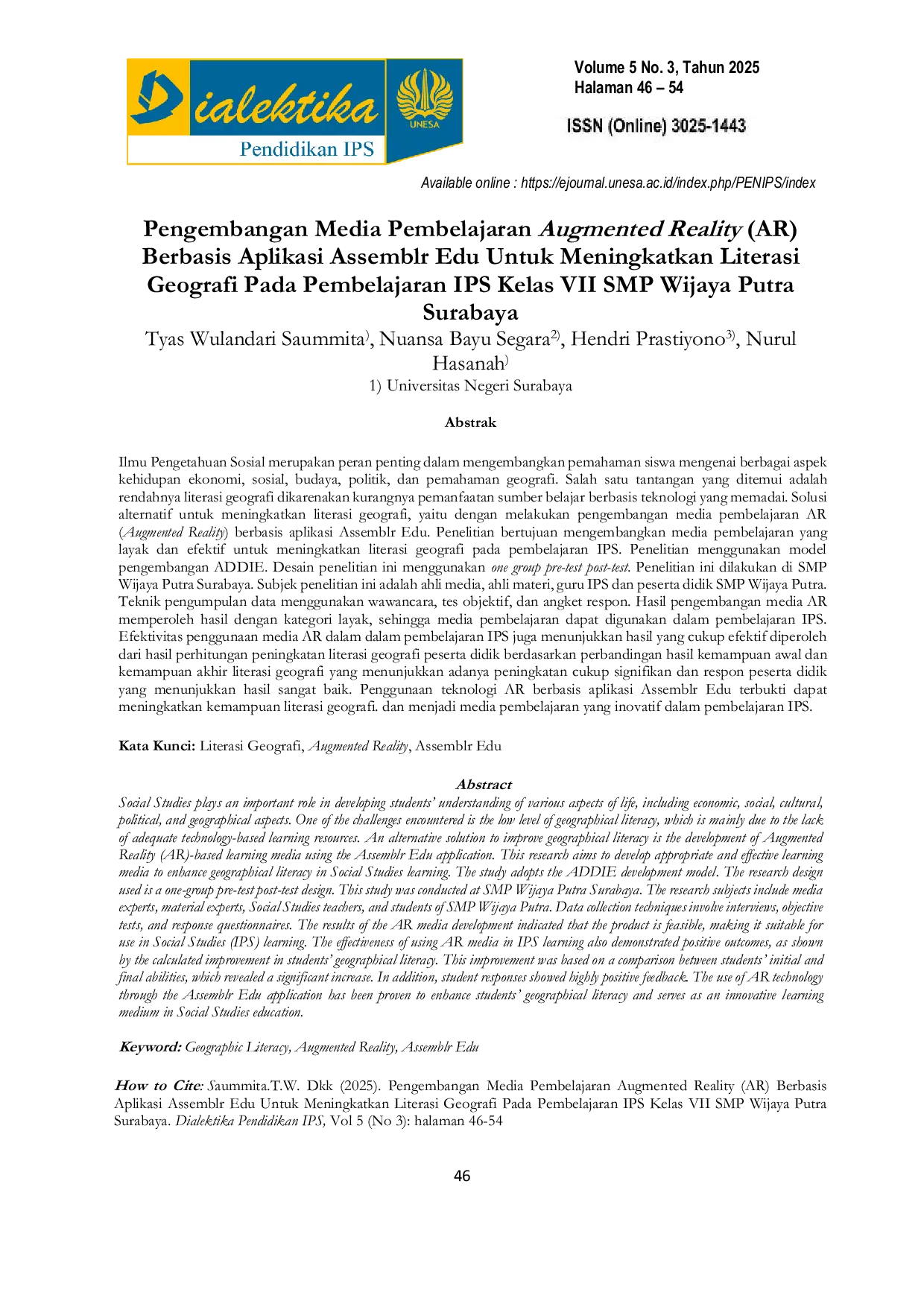JURIS Pengembangan Media Pembelajaran Augmented Reality AR Berbasis Aplikasi Assemblr Edu Untuk Meningkatkan Literasi Geografi Pada Pembelajaran IPS Kelas VII SMP Wijaya Putra Surabaya