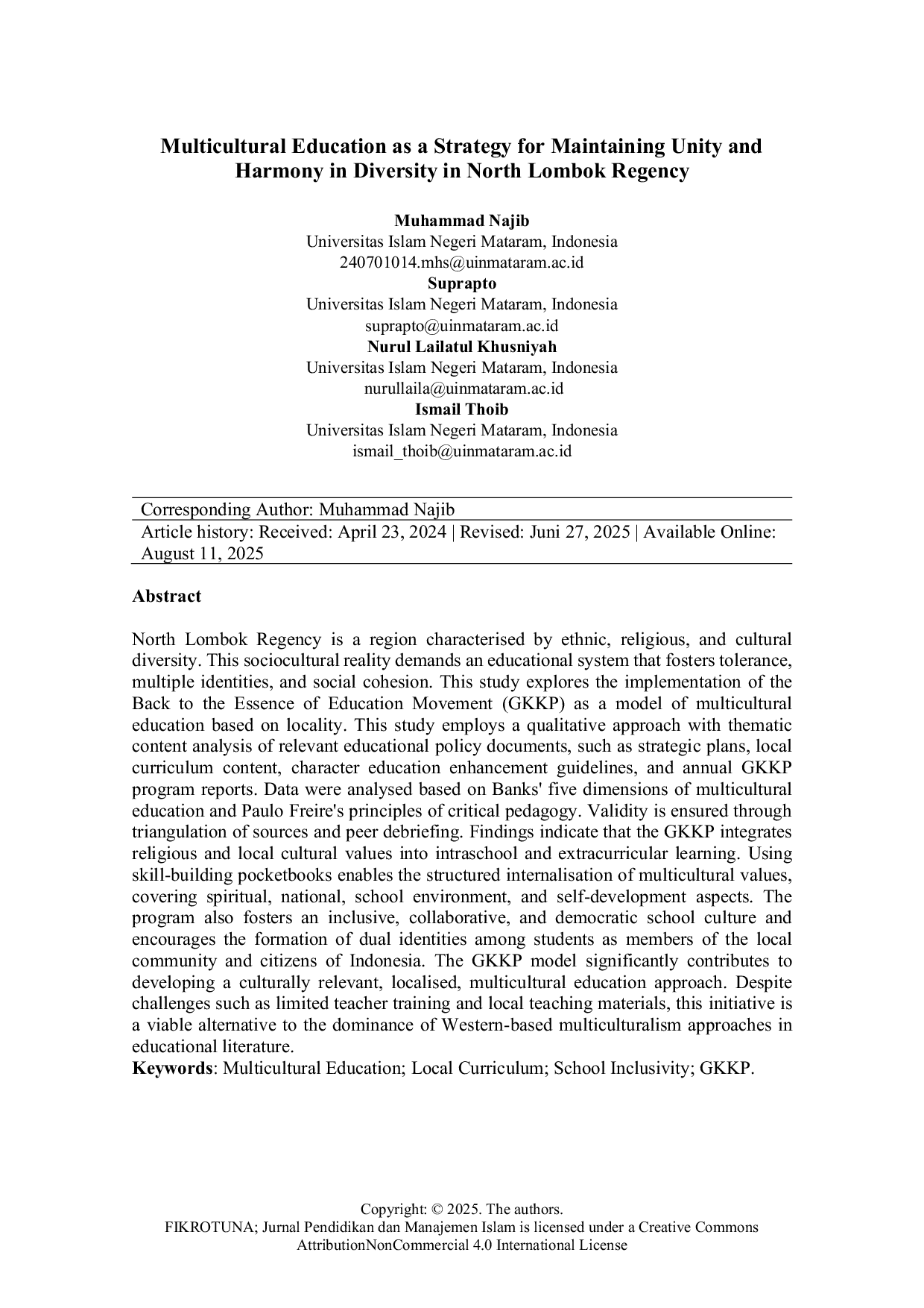 JURIS Multicultural Education as a Strategy for Maintaining Unity and harmony in diversity in North Lombok Regency