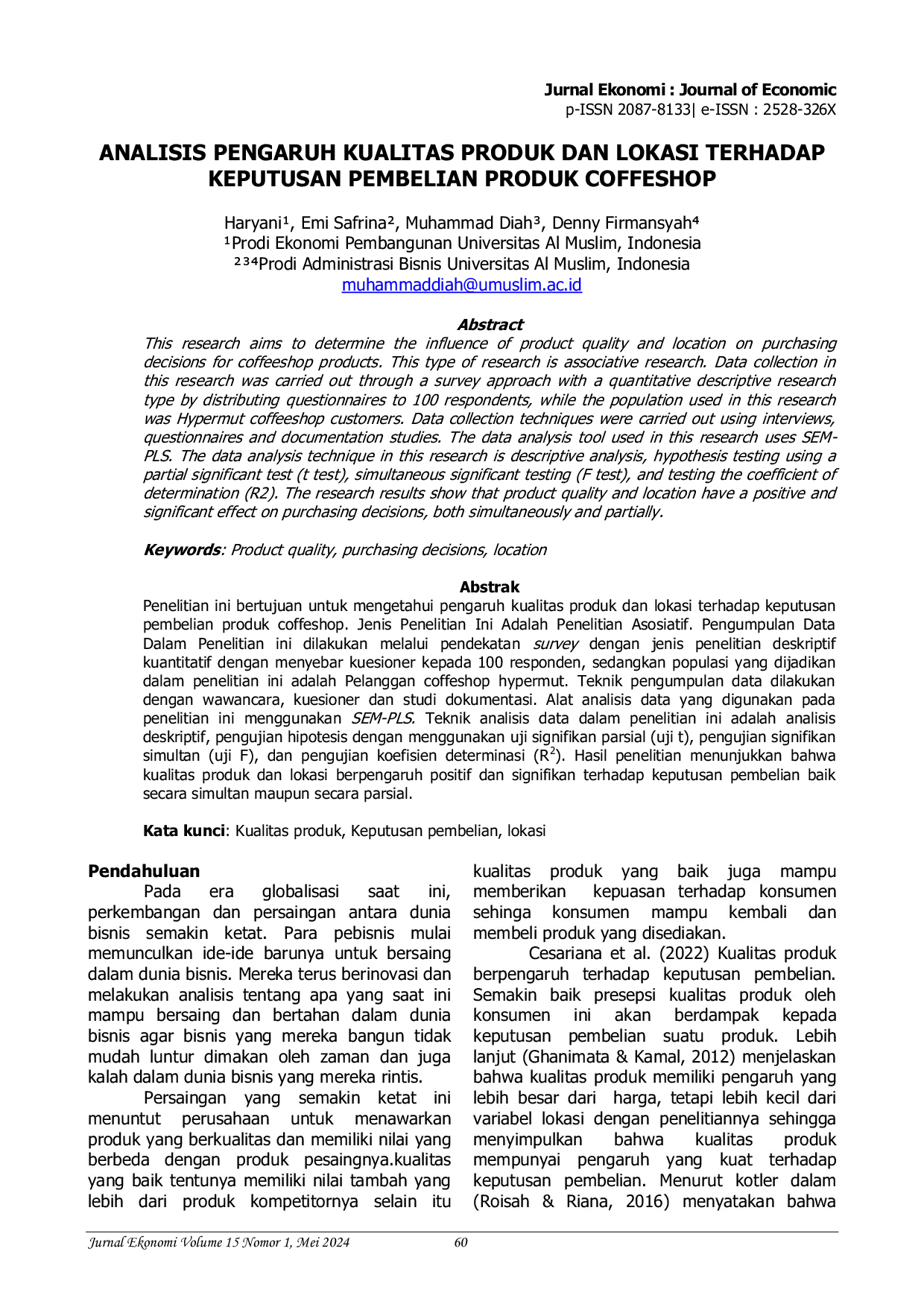 JURIS Analisis Pengaruh Kualitas Produk Dan Lokasi Terhadap Keputusan Pembelian Produk Coffeshop