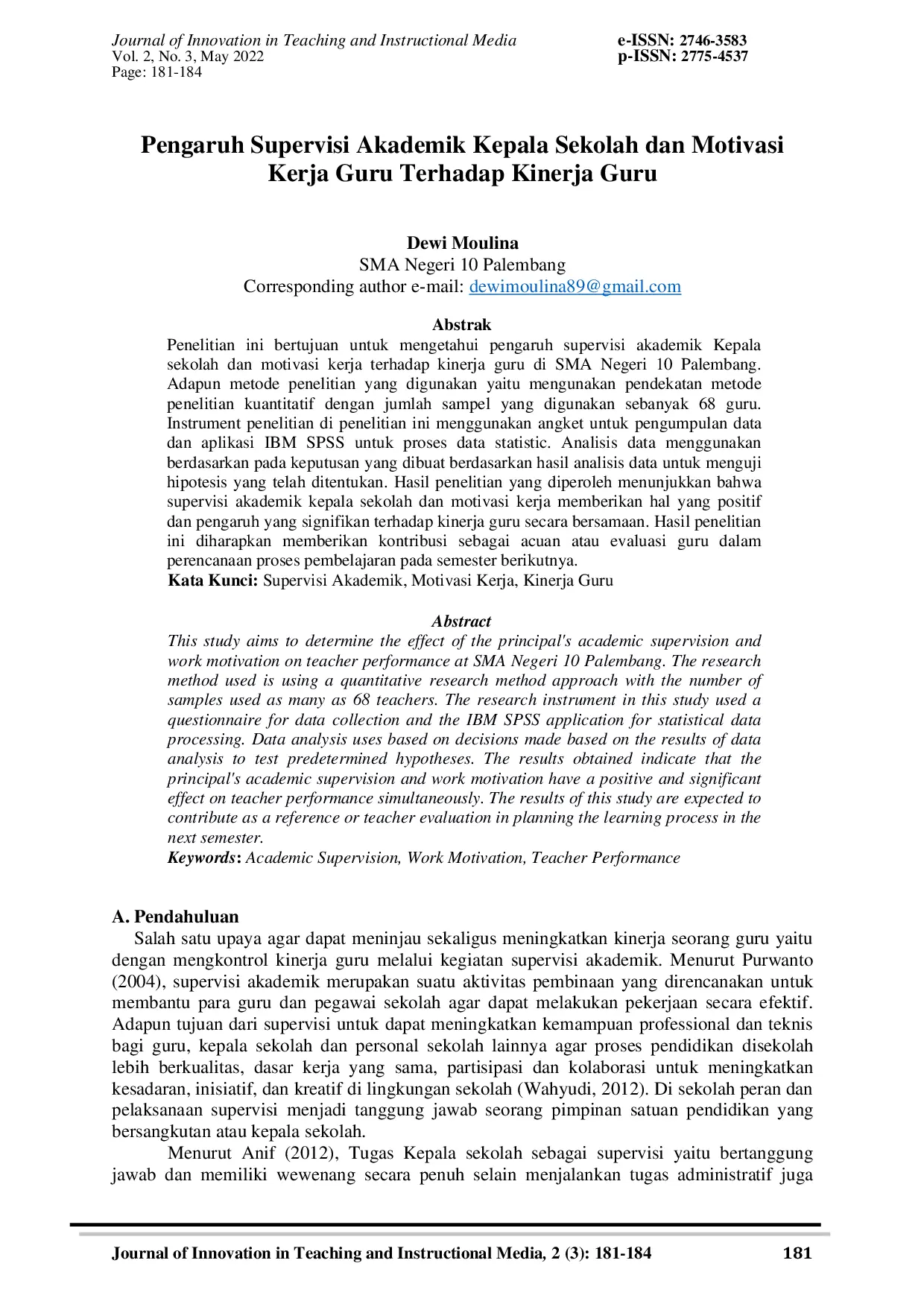 JURIS Pengaruh Supervisi Akademik Kepala Sekolah dan Motivasi Kerja Guru Terhadap Kinerja Guru