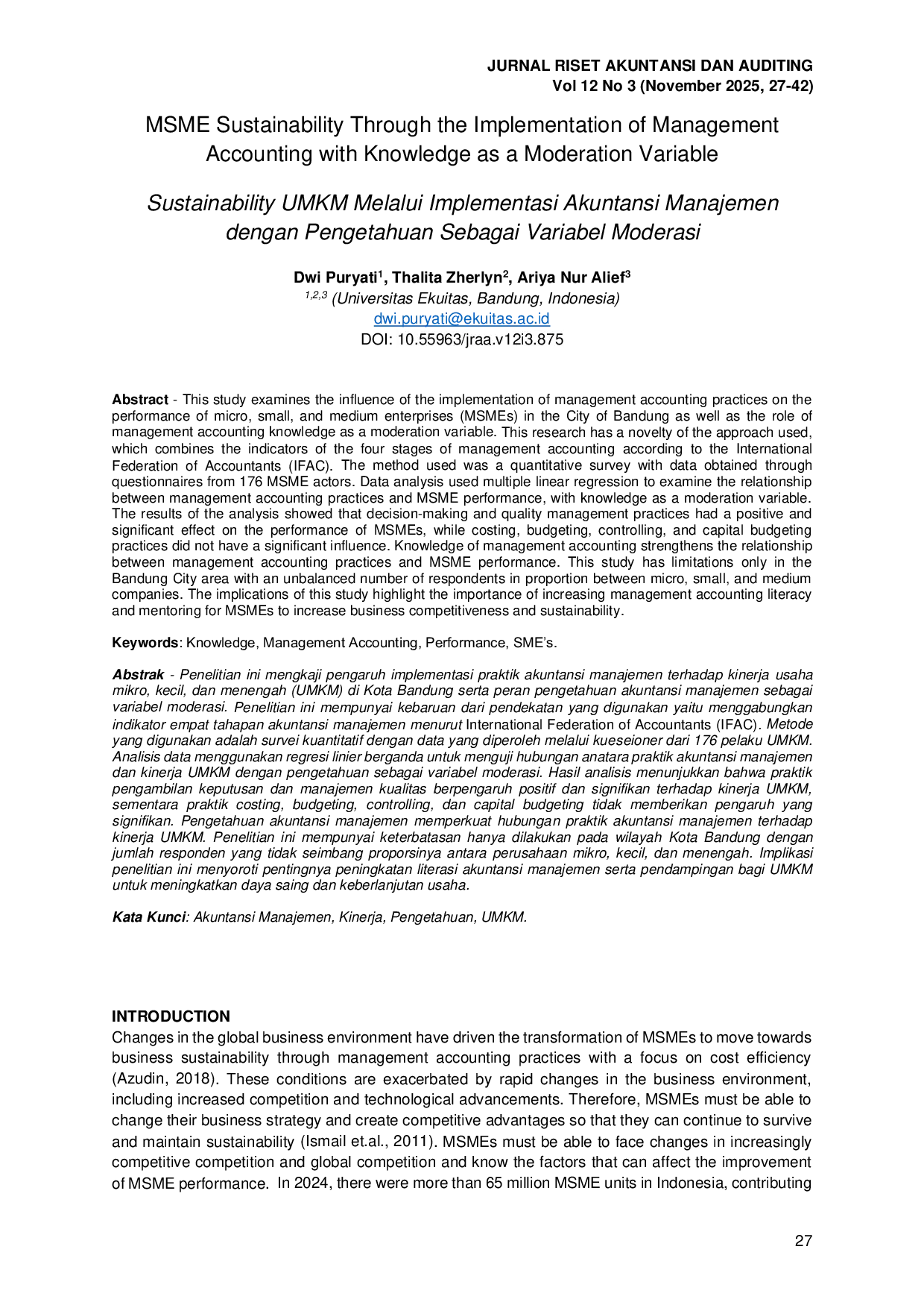 JURIS S MSME Sustainability Through the Implementation of Management Accounting with Knowledge as a Moderation Variable