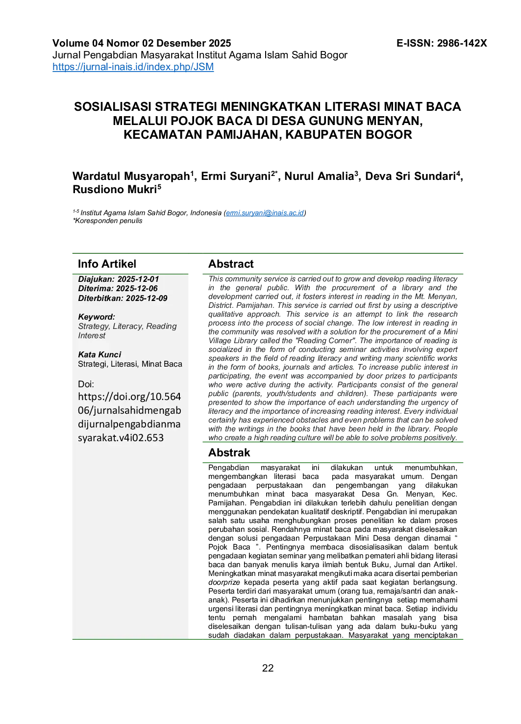 JURIS Socialization of Strategies to Increase Literacy Interest in Reading through Reading Corners in Gunung Menyan Village Pamijahan District Bogor Regency