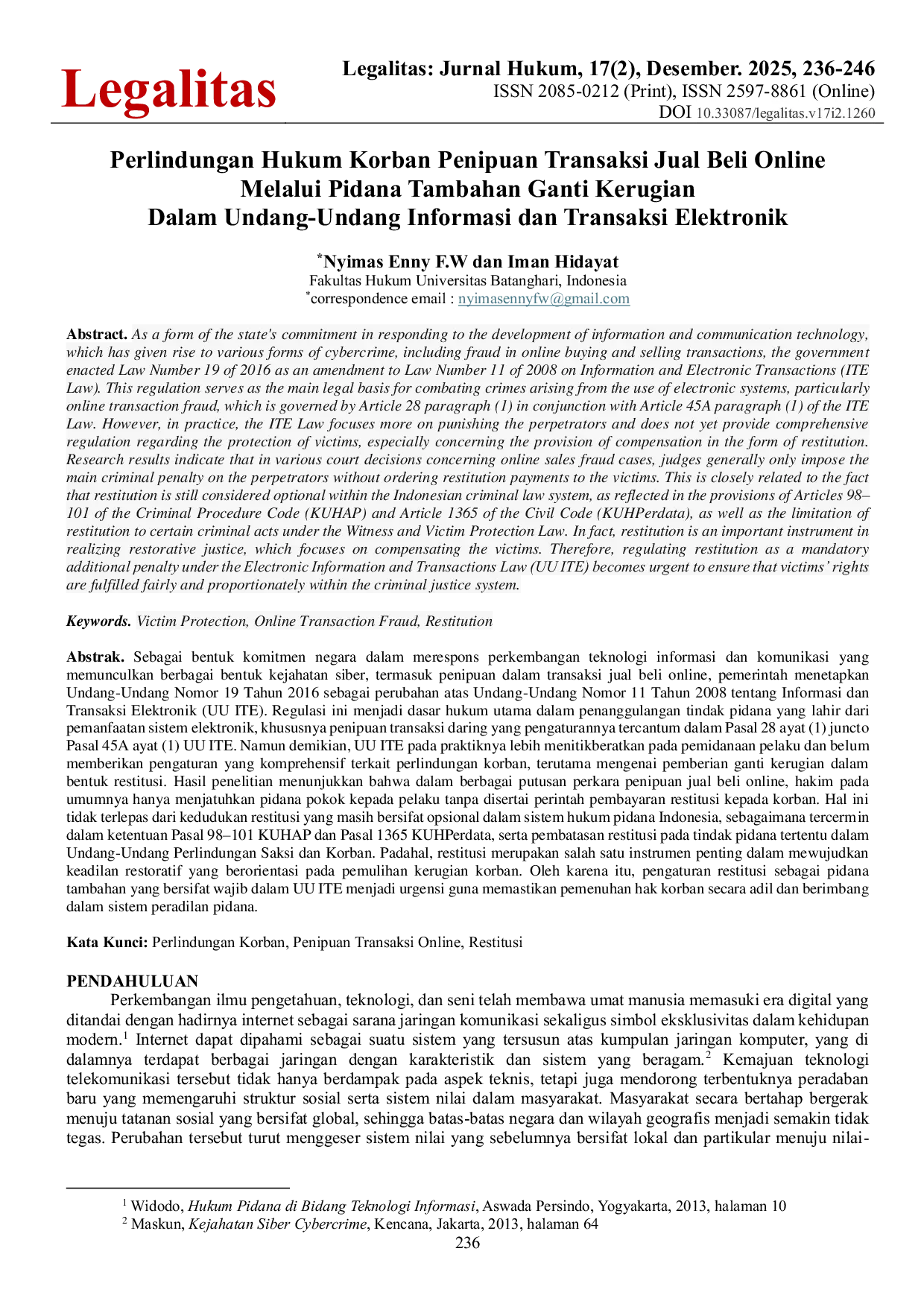 JURIS Perlindungan Hukum Korban Penipuan Transaksi Jual Beli Online Melalui Pidana Tambahan Ganti Kerugian Dalam Undang Undang Informasi dan Transaksi Elektronik