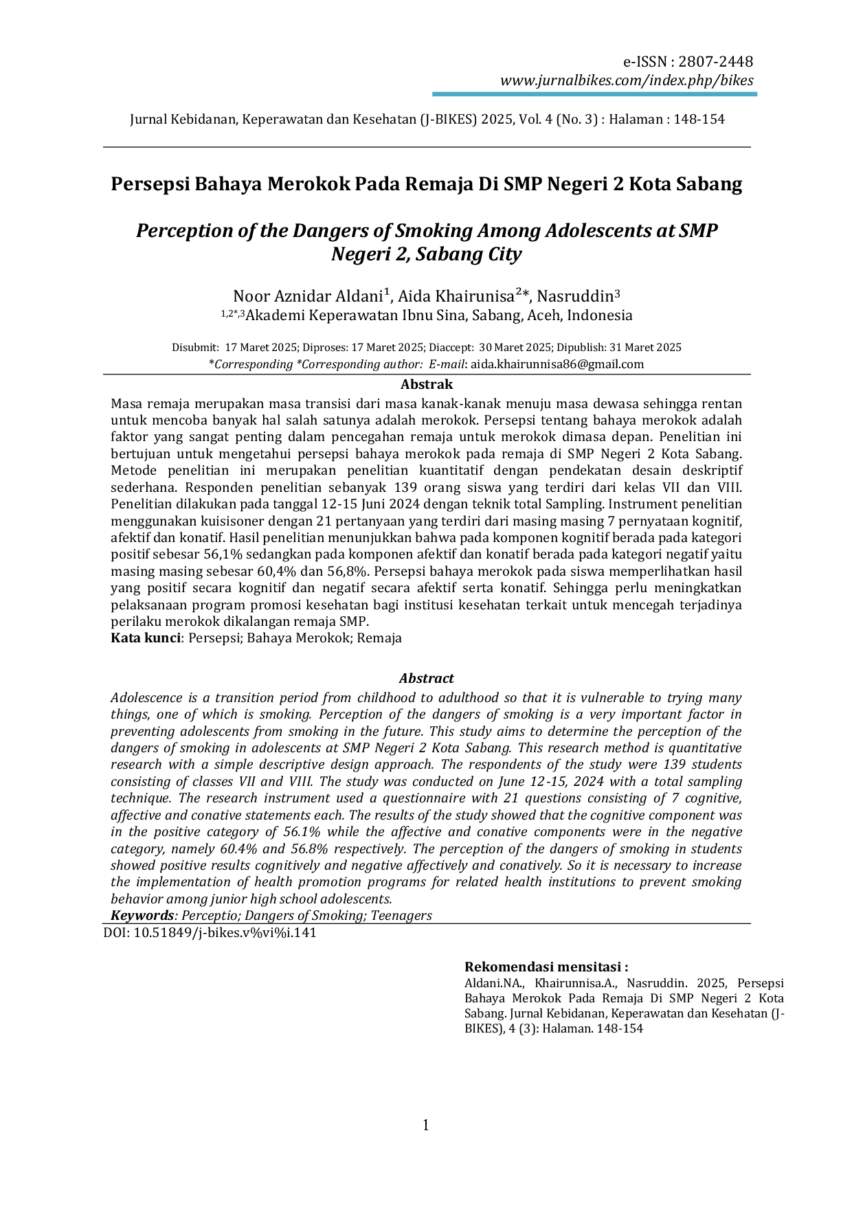 JURIS Persepsi Bahaya Merokok Pada Remaja Di SMP Negeri 2 Kota Sabang