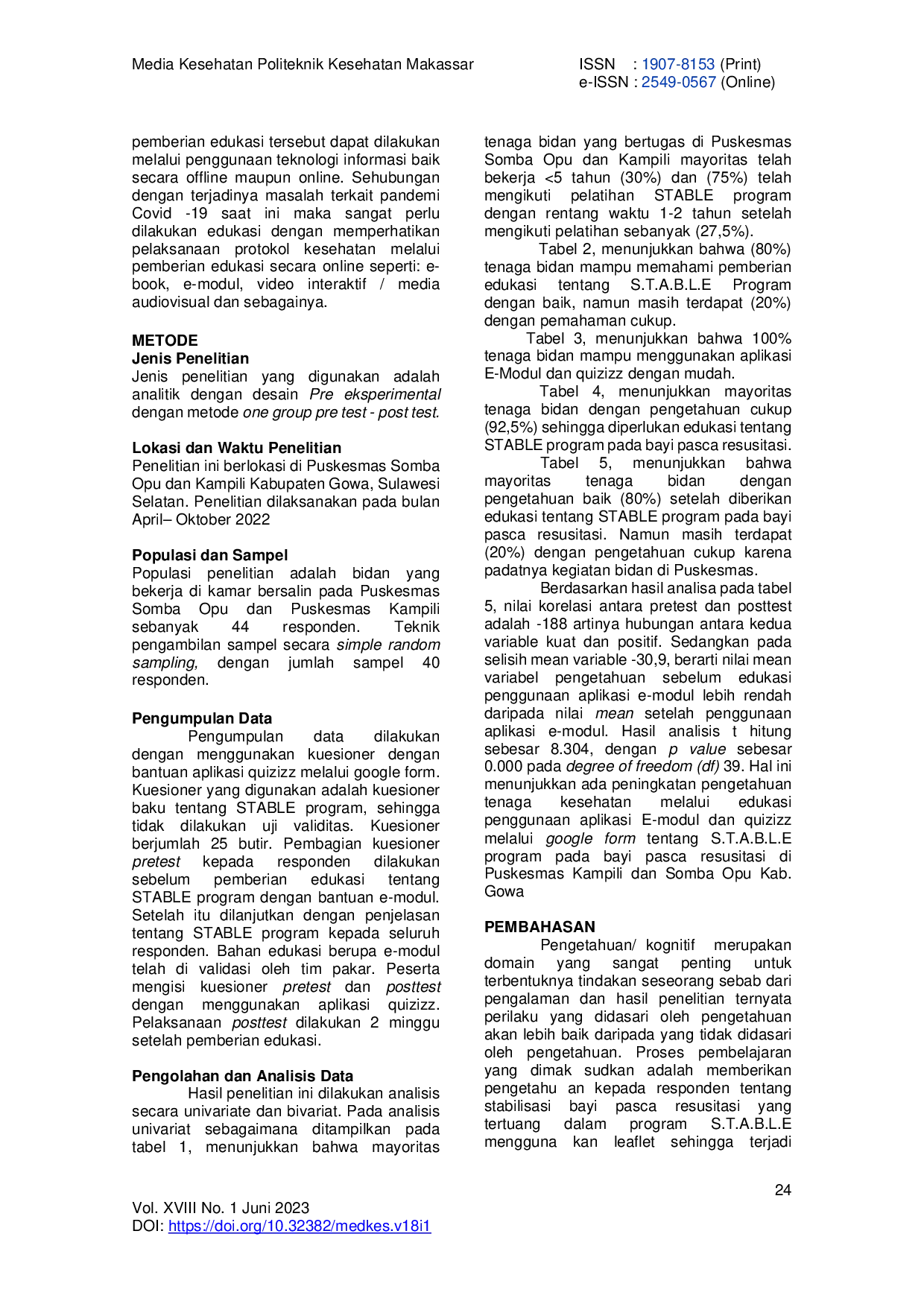 JURIS Health Workers Knowledge About S T A B L E Program in Post Resuscitated Infants