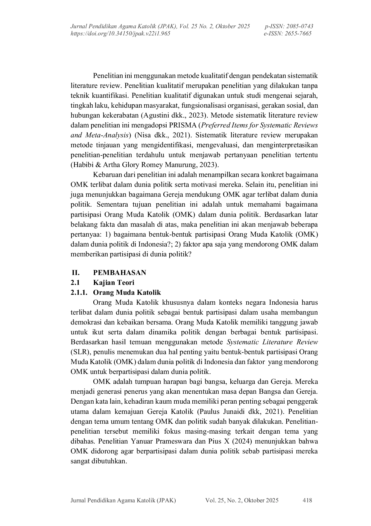 JURIS Partisipasi Orang Muda Katolik Dalam Dunia Politik Tinjauan Sistematik Literature