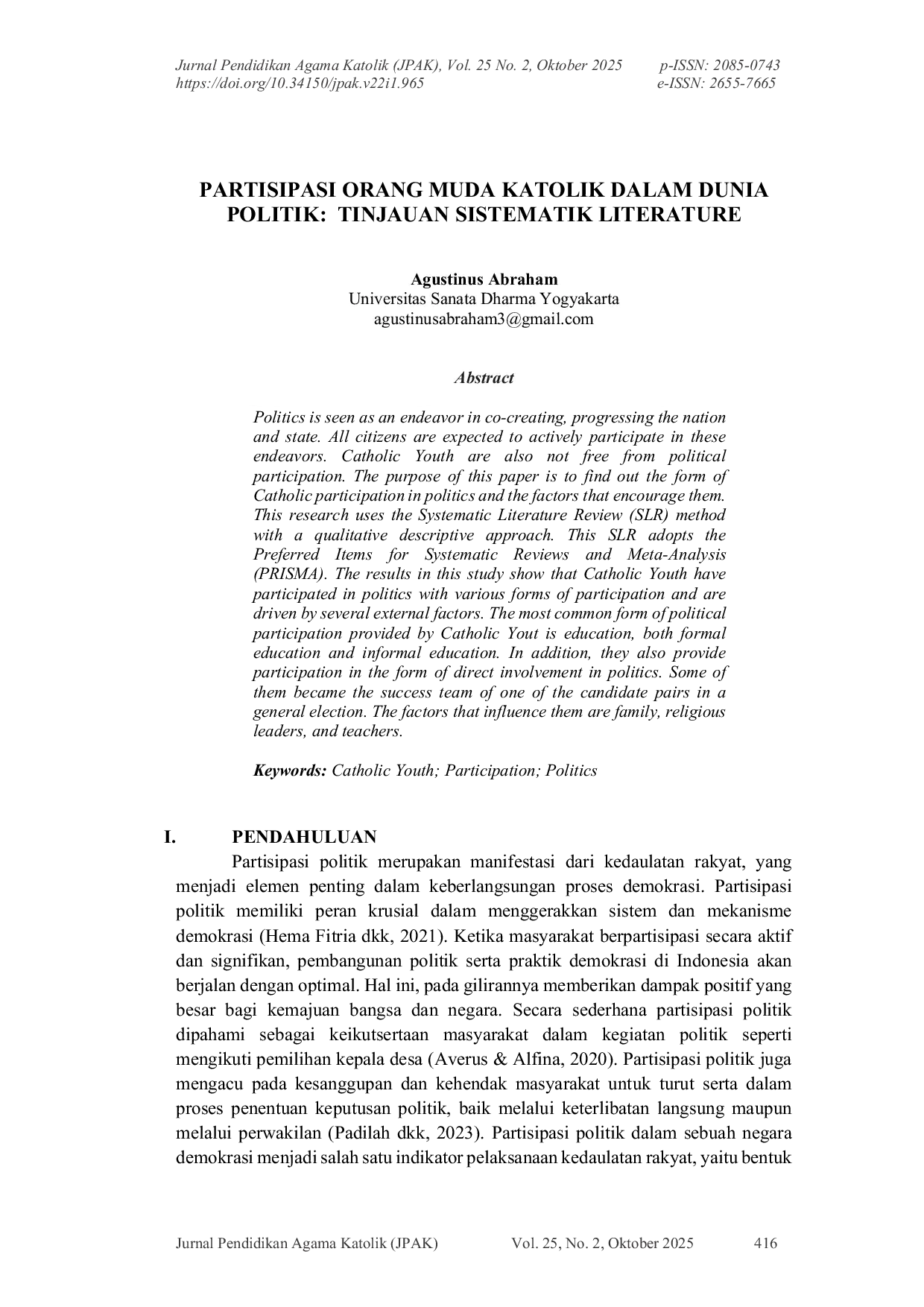 JURIS Partisipasi Orang Muda Katolik Dalam Dunia Politik Tinjauan Sistematik Literature