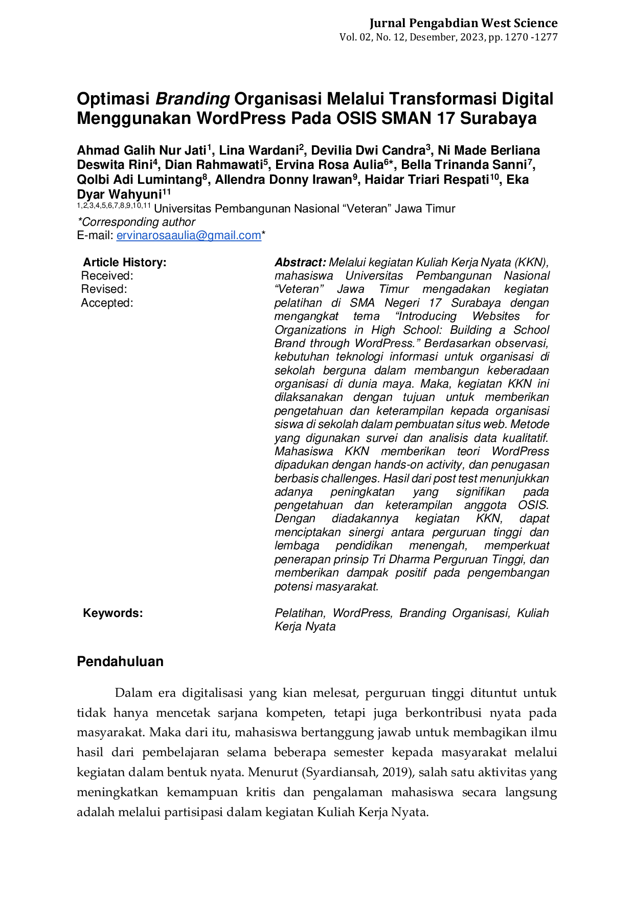 JURIS Optimasi Branding Organisasi Melalui Transformasi Digital Menggunakan WordPress Pada OSIS SMAN 17 Surabaya