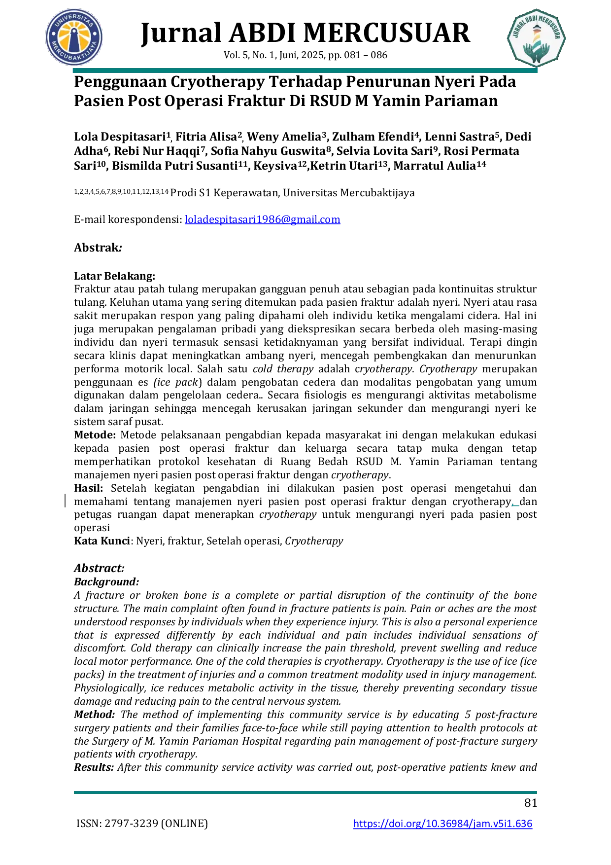 JURIS Penggunaan Cryotherapy Terhadap Penurunan Nyeri Pada Pasien Post Operasi Fraktur Di RSUD M Yamin Pariaman