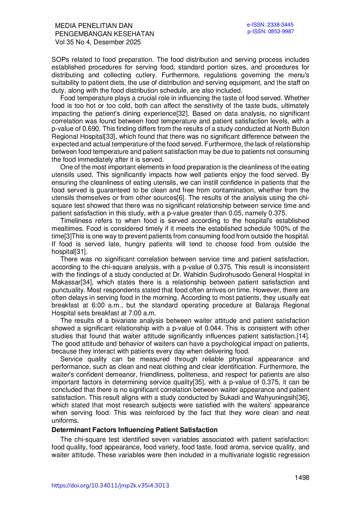 JURIS Analysis Of Determinant Factor On Patient Satisfaction Based On Patient Characteristics Food Quality And Service Quality