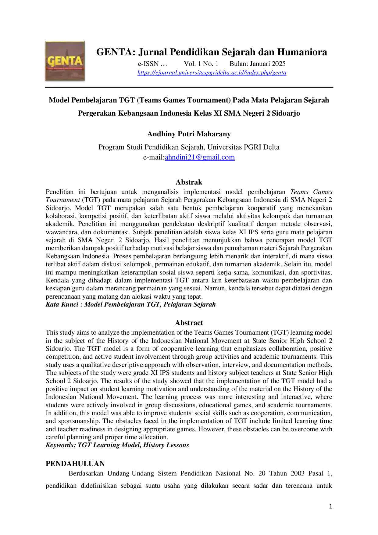 JURIS Model Pembelajaran TGT Teams Games Tournament Pada Mata Pelajaran Sejarah Pergerakan Kebangsaan Indonesia Kelas XI SMA Negeri 2 Sidoarjo