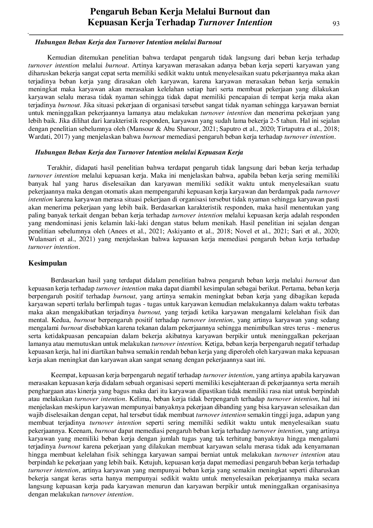juris Pengaruh Beban Kerja Melalui Burnout dan Kepuasan Kerja Terhadap Turnover Intention