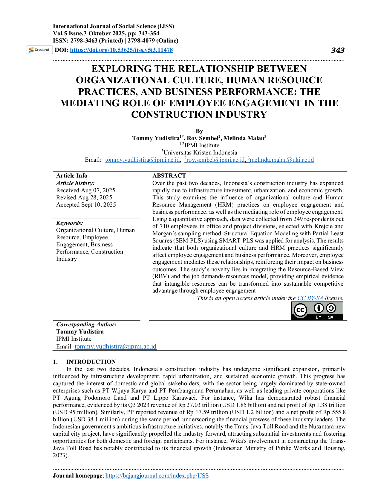 JURIS Exploring The Relationship Between Organizational Culture Human Resource Practices And Business Performance The Mediating Role Of Employee Engagement In The Construction Industry
