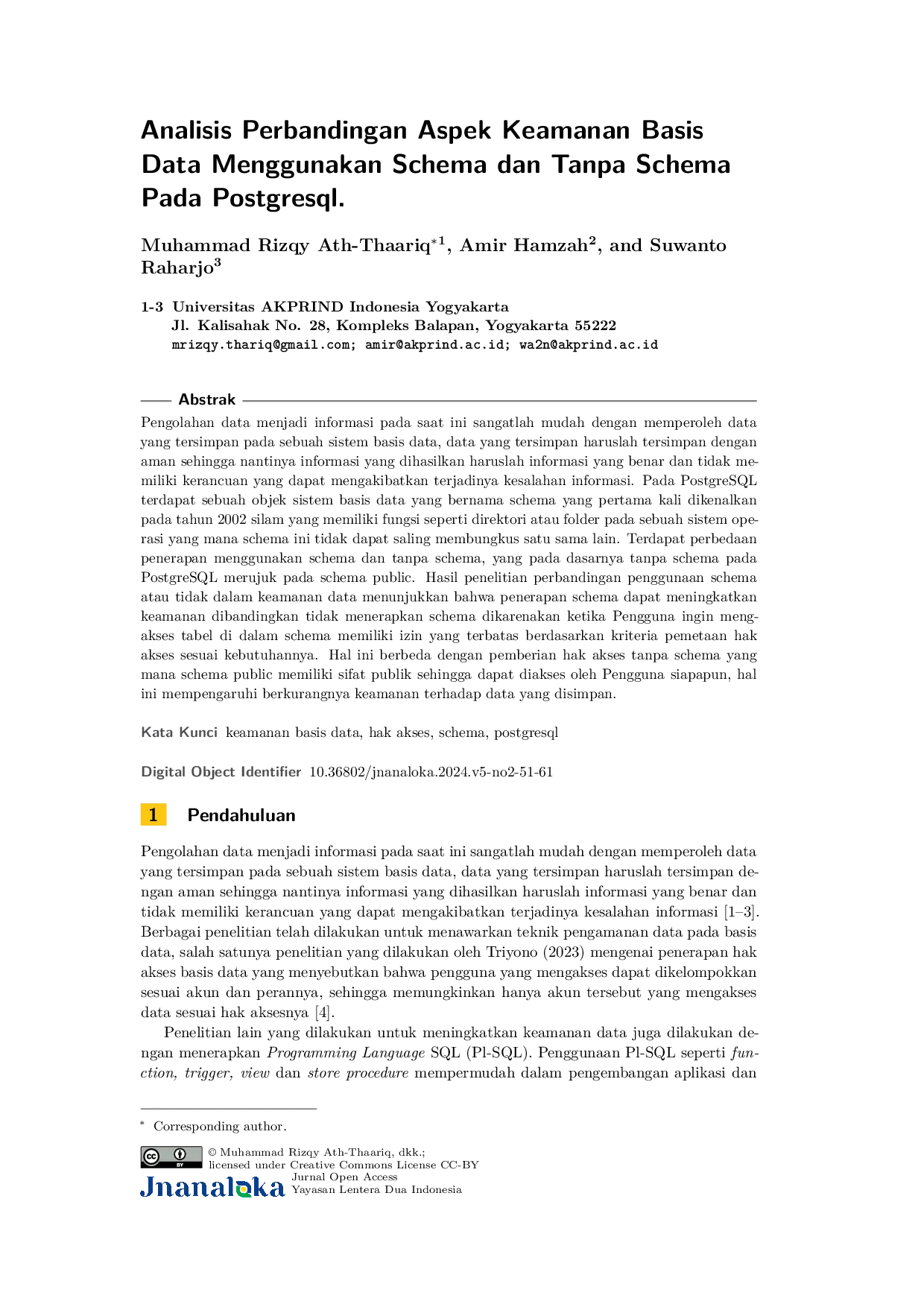 JURIS Analisis Perbandingan Aspek Keamanan Basis Data Menggunakan Skema dan Tanpa Skema di PostgreSQL