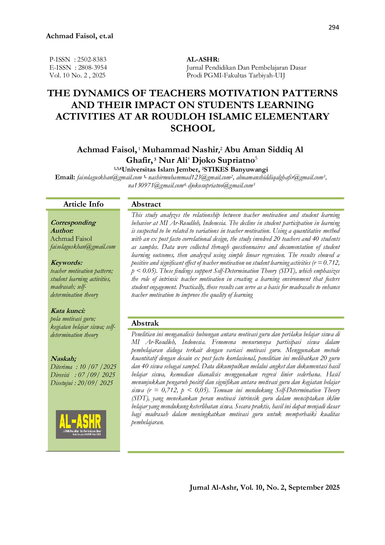 JURIS The Dynamics of Teachers Motivation Patterns and Their Impact on Students Learning Activities at Ar Roudloh Islamic Elementary School