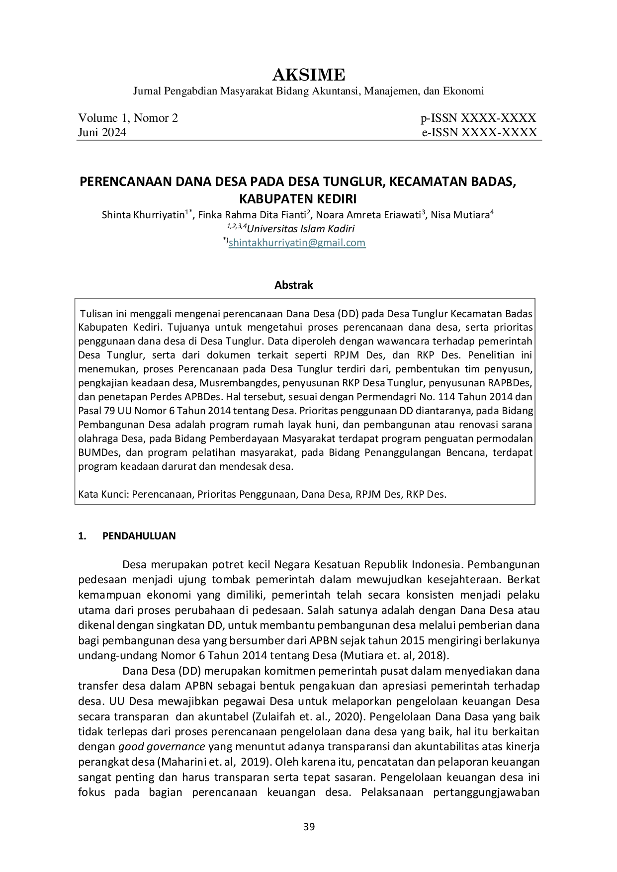 JURIS Perencanaan Dana Desa Pada Desa Tunglur Kecamatan Badas Kabupaten Kediri